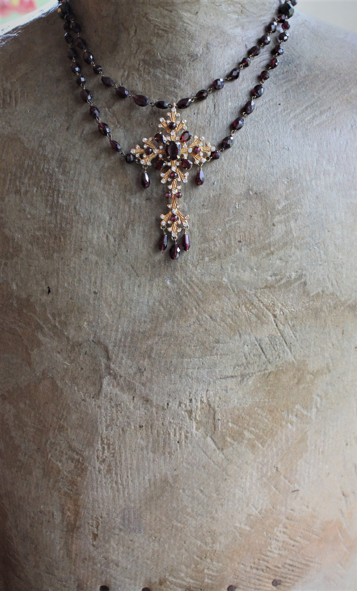 Vintage Siman Tu  Faceted Garnet Cross & Chain Necklace and Earring Set 