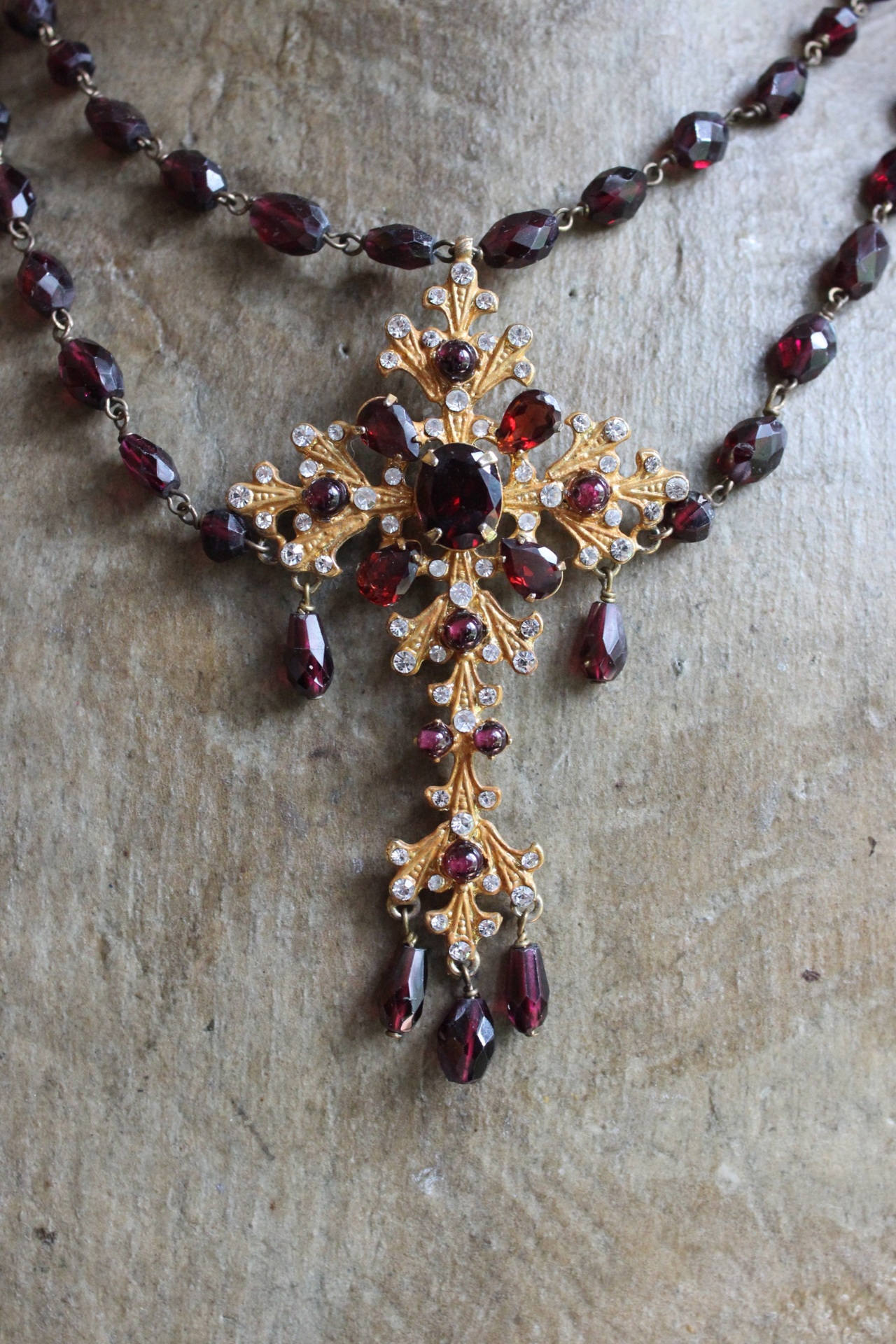 Vintage Siman Tu  Faceted Garnet Cross & Chain Necklace and Earring Set 