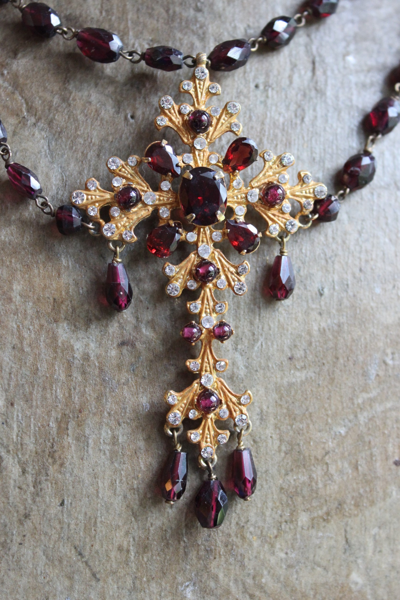 Vintage Siman Tu  Faceted Garnet Cross & Chain Necklace and Earring Set 