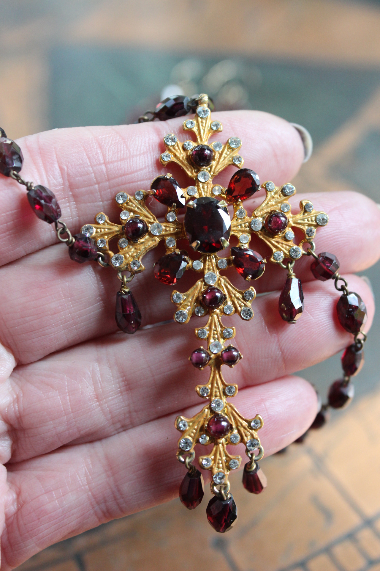 Vintage Siman Tu  Faceted Garnet Cross & Chain Necklace and Earring Set 