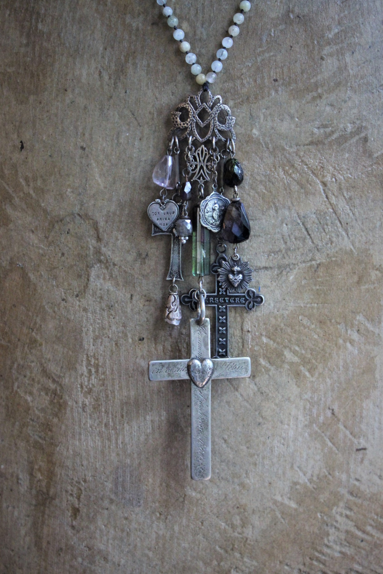One Heart One Soul Necklace with Antique Engraved Cor Unum Anima Una Heart & Cross,Hand Knotted Moonstone & Agate Chain,Watermelon Toumaline & More!