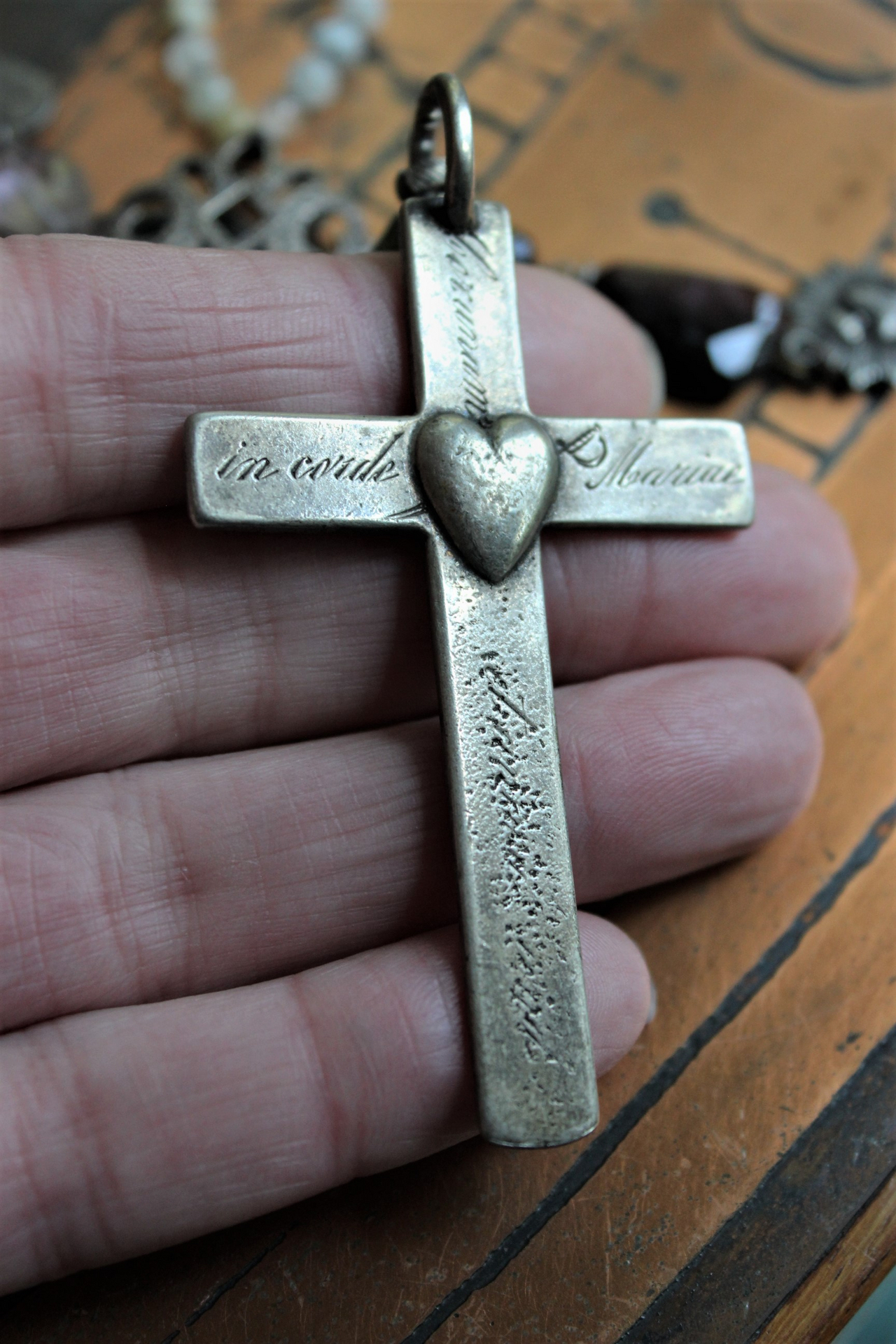 One Heart One Soul Necklace with Antique Engraved Cor Unum Anima Una Heart & Cross,Hand Knotted Moonstone & Agate Chain,Watermelon Toumaline & More!