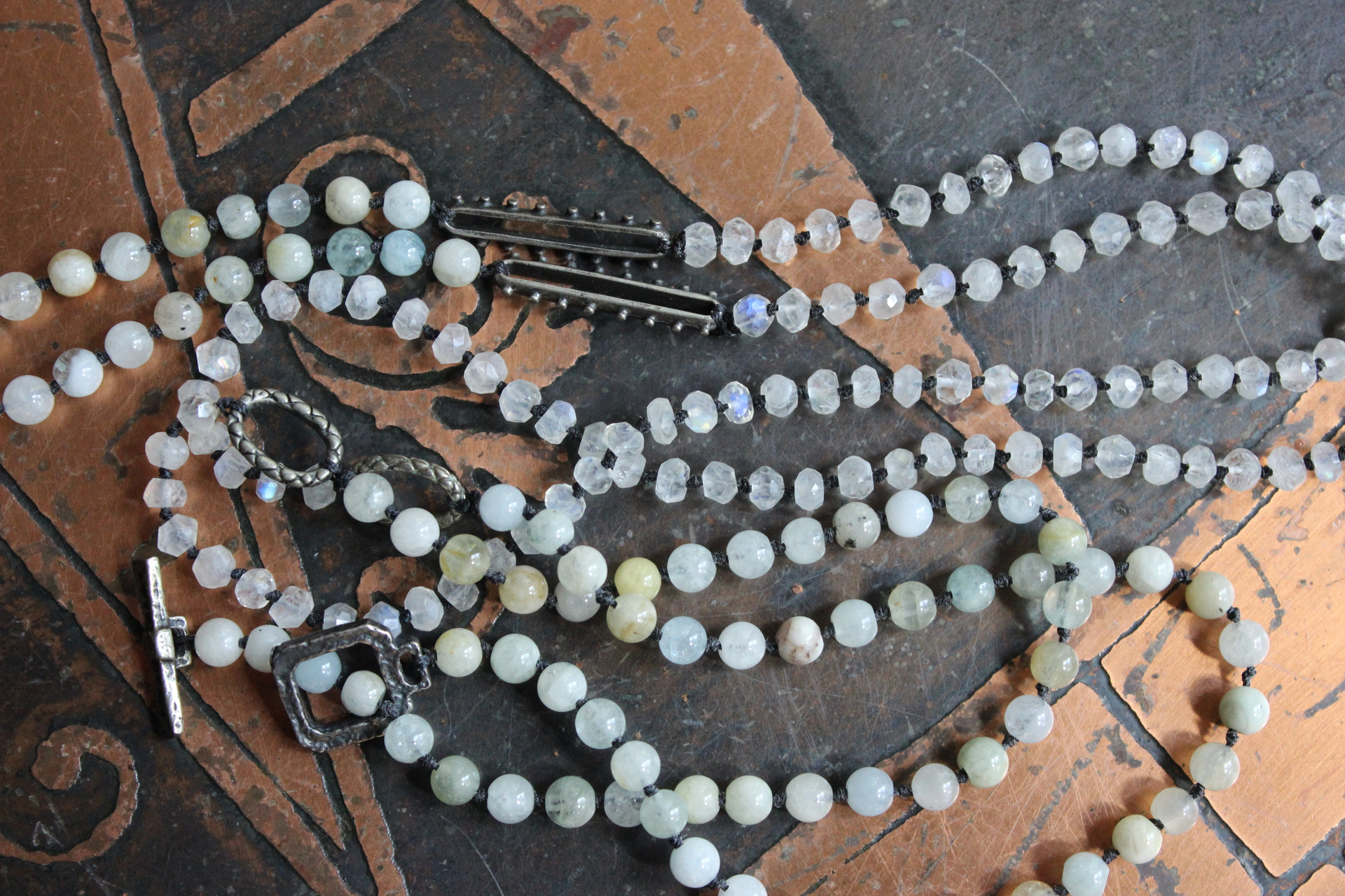 One Heart One Soul Necklace with Antique Engraved Cor Unum Anima Una Heart & Cross,Hand Knotted Moonstone & Agate Chain,Watermelon Toumaline & More!