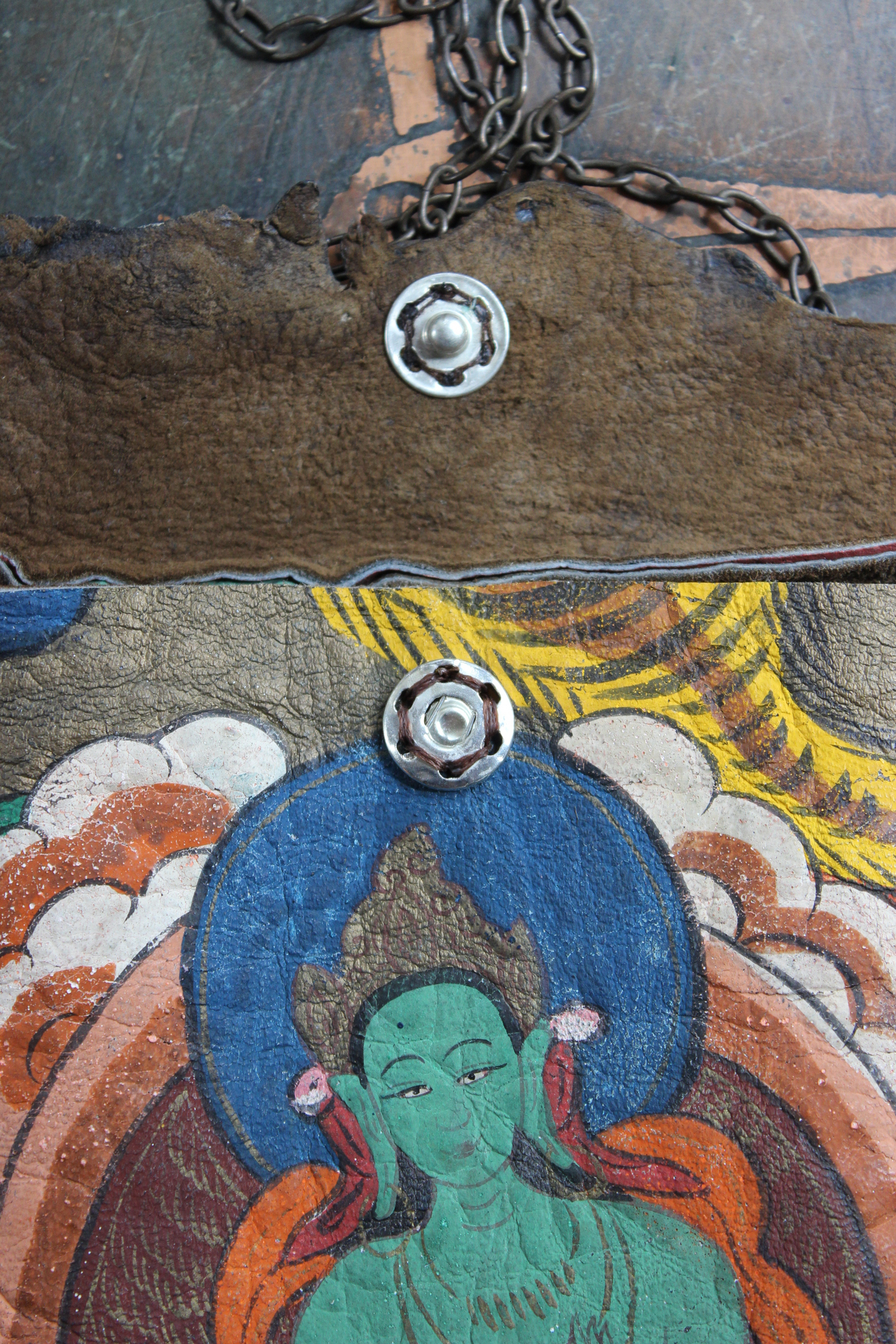 Antique Hand Painted Leather Buddhist Thangka Crossbody Pouch with Beveled Glass Cosmos Finding, Amethyst, Lapis and Carnelian Drops & Antique Chain