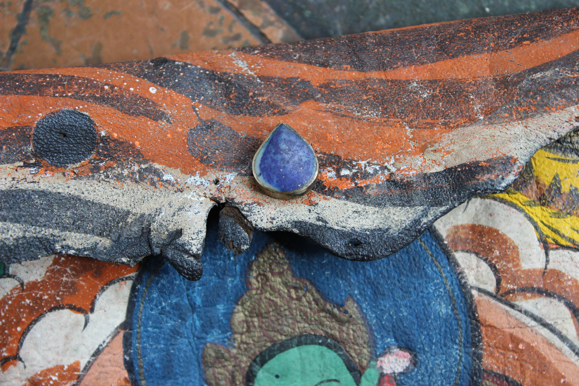 Antique Hand Painted Leather Buddhist Thangka Crossbody Pouch with Beveled Glass Cosmos Finding, Amethyst, Lapis and Carnelian Drops & Antique Chain