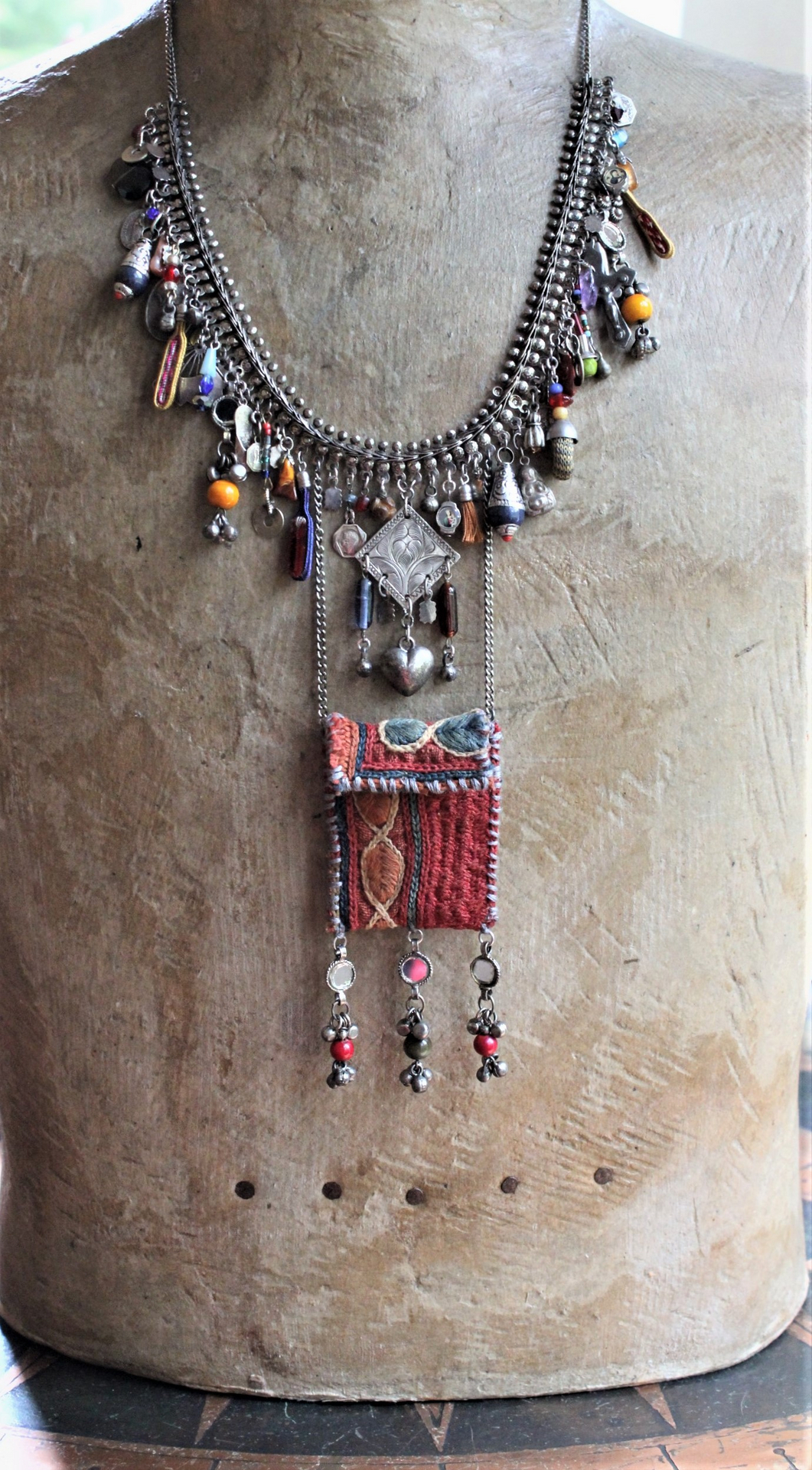 She Chooses Wisely Necklace with Small Antique Lambani Textile Pouch and Dozens of Antique & Vintage Drops, Medals and Findings