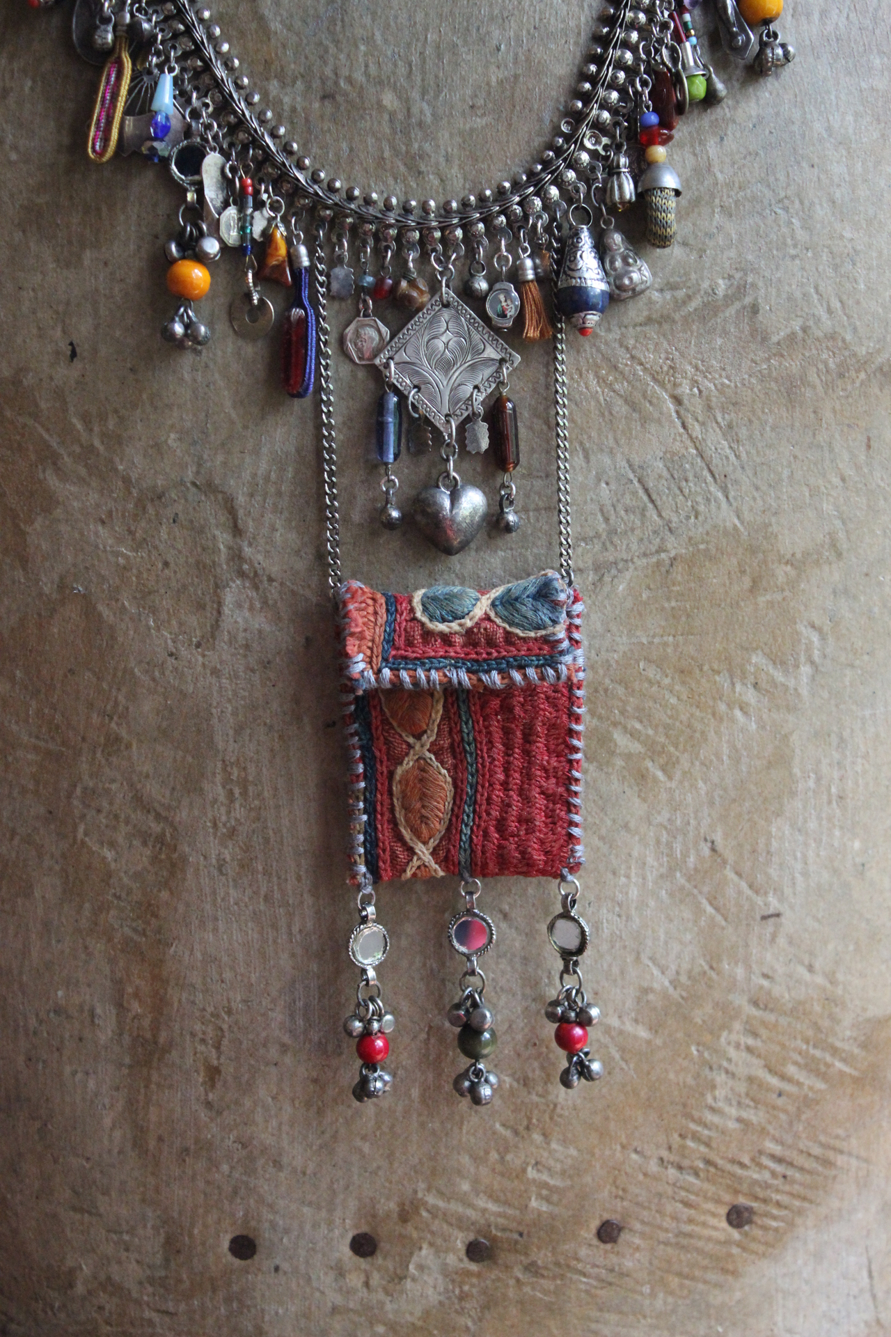 She Chooses Wisely Necklace with Small Antique Lambani Textile Pouch and Dozens of Antique & Vintage Drops, Medals and Findings