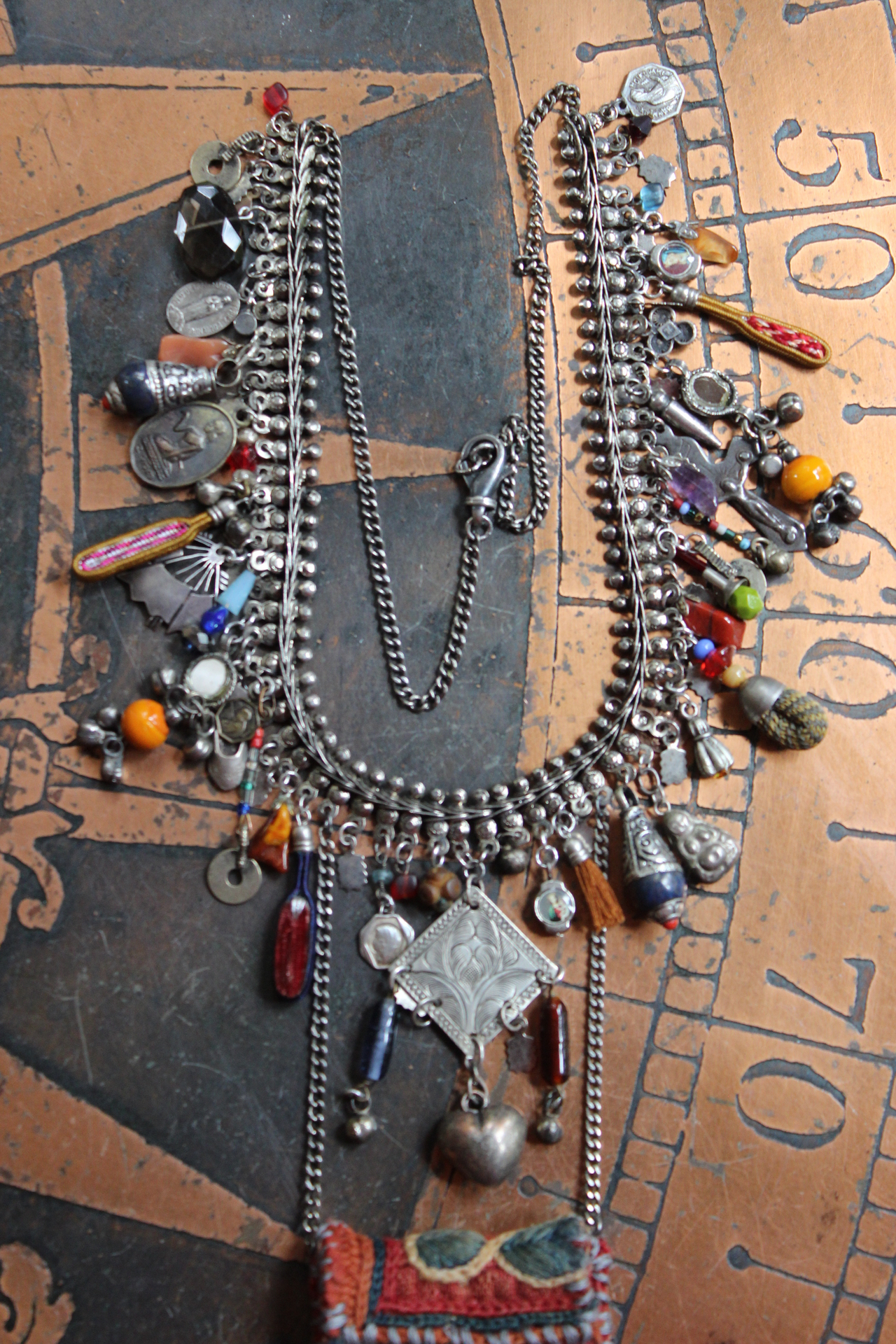 She Chooses Wisely Necklace with Small Antique Lambani Textile Pouch and Dozens of Antique & Vintage Drops, Medals and Findings