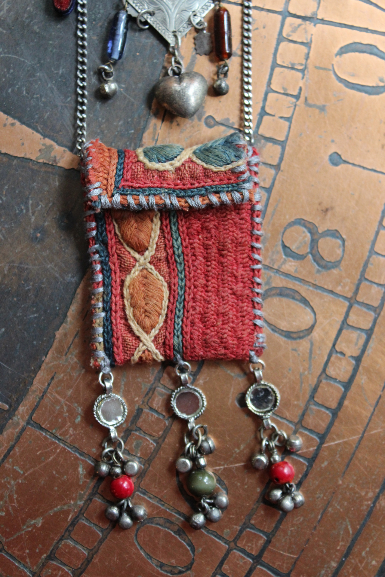 She Chooses Wisely Necklace with Small Antique Lambani Textile Pouch and Dozens of Antique & Vintage Drops, Medals and Findings