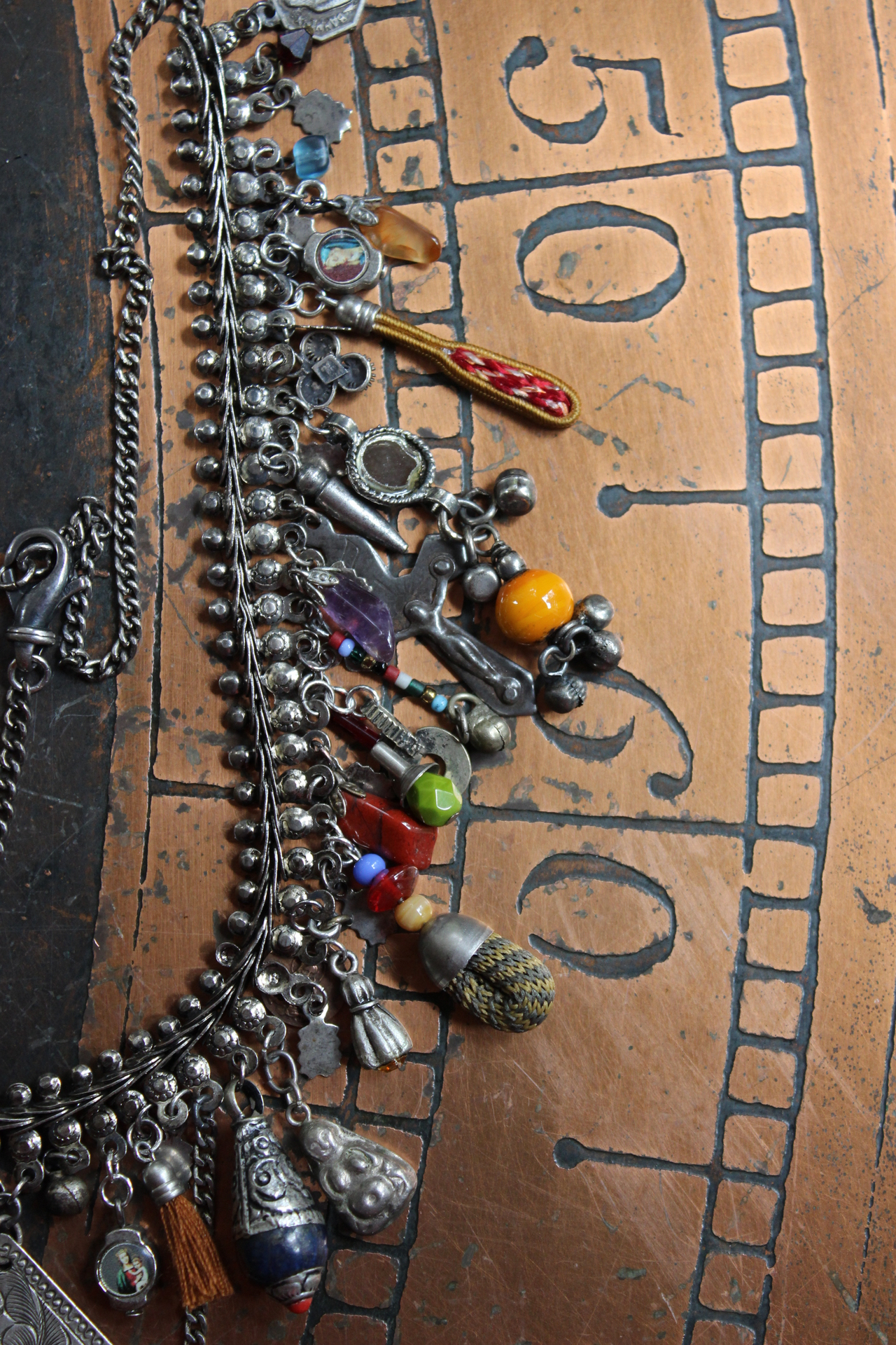 She Chooses Wisely Necklace with Small Antique Lambani Textile Pouch and Dozens of Antique & Vintage Drops, Medals and Findings