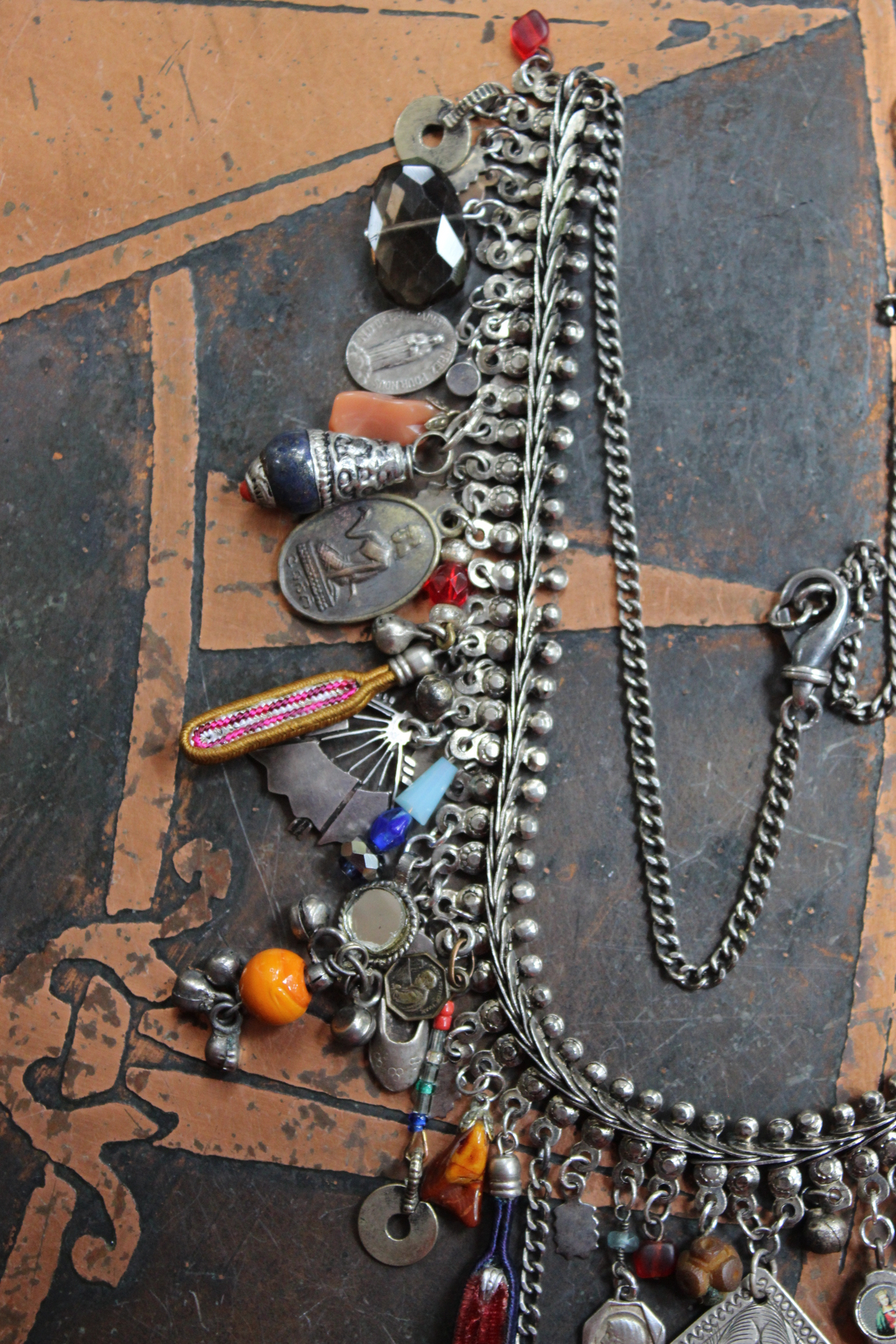 She Chooses Wisely Necklace with Small Antique Lambani Textile Pouch and Dozens of Antique & Vintage Drops, Medals and Findings