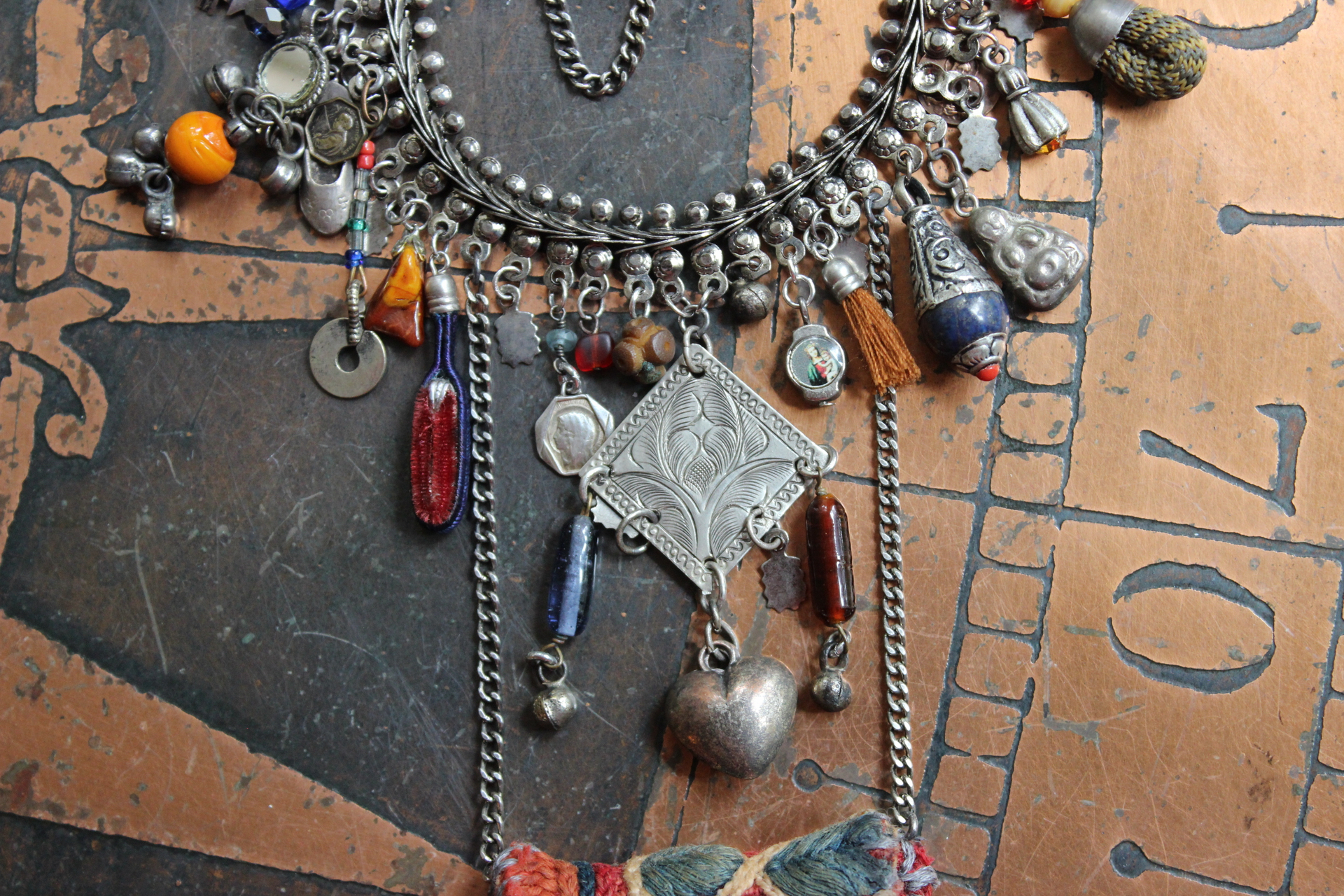 She Chooses Wisely Necklace with Small Antique Lambani Textile Pouch and Dozens of Antique & Vintage Drops, Medals and Findings