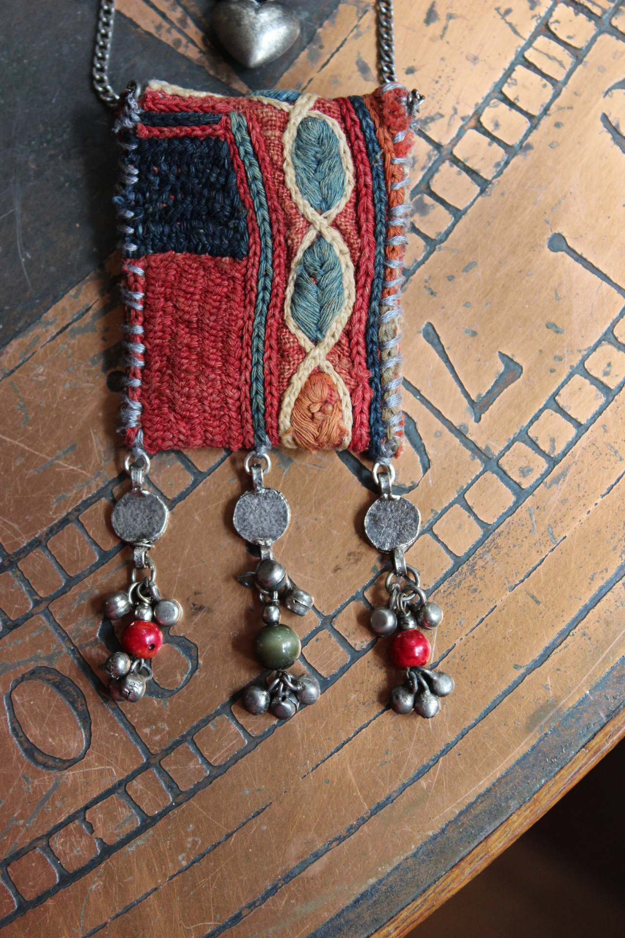 She Chooses Wisely Necklace with Small Antique Lambani Textile Pouch and Dozens of Antique & Vintage Drops, Medals and Findings