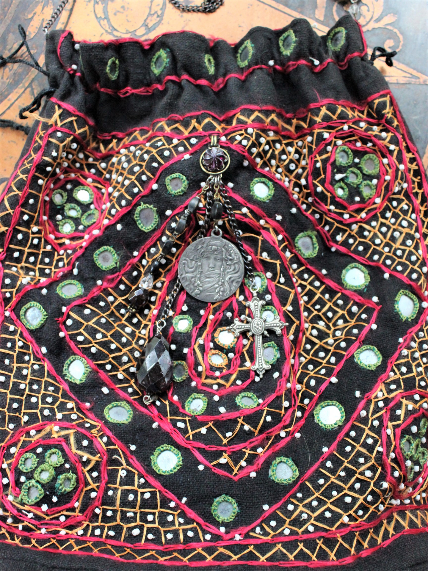 Vintage Banjara Gypsy Drawstring Bag with Goddess Medal, Antique & Vintage Chain Strap with Faceted Gemstones, Inset Mirrors, Embroidery and More!