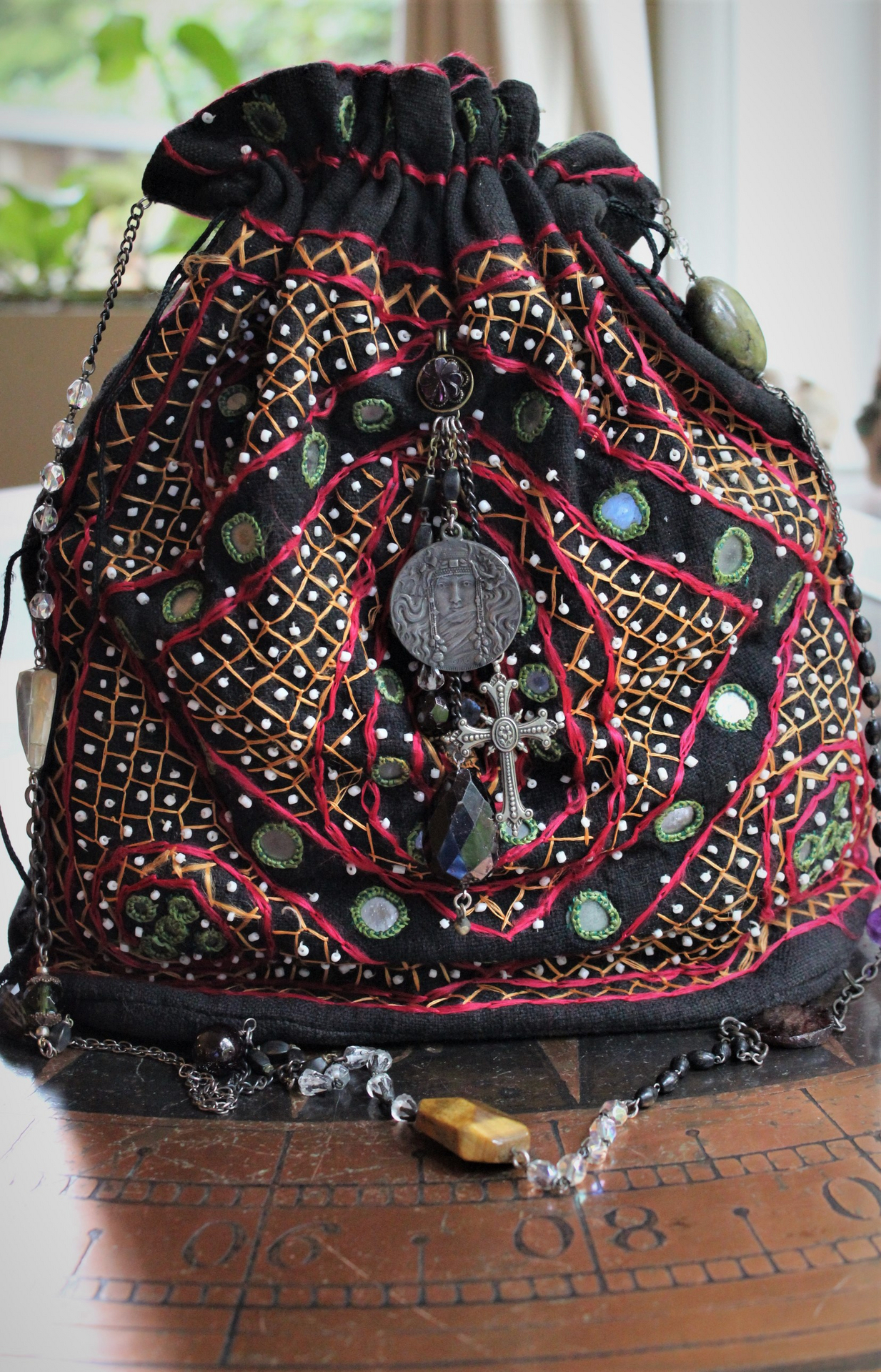 Vintage Banjara Gypsy Drawstring Bag with Goddess Medal, Antique & Vintage Chain Strap with Faceted Gemstones, Inset Mirrors, Embroidery and More!