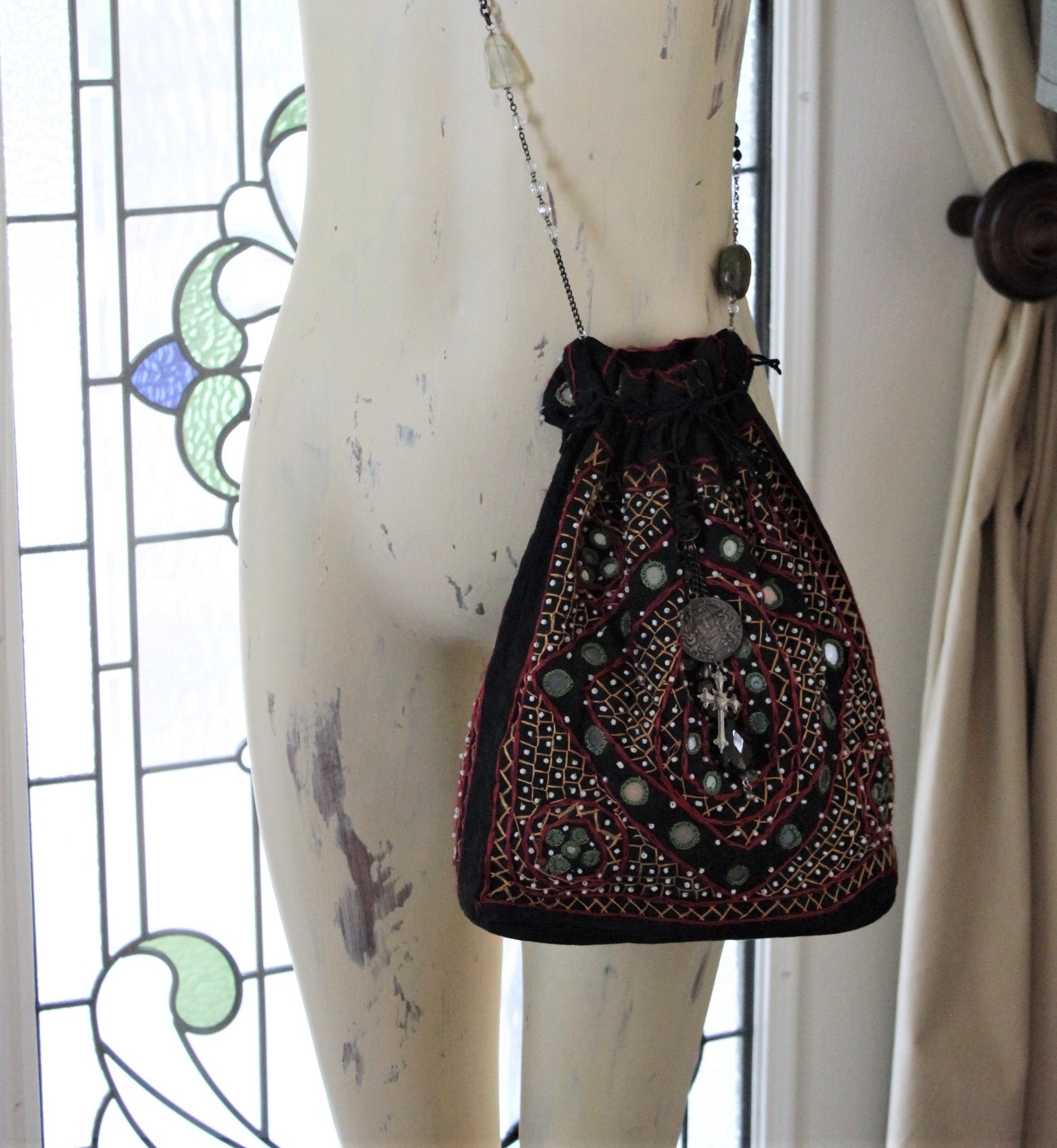 Vintage Banjara Gypsy Drawstring Bag with Goddess Medal, Antique & Vintage Chain Strap with Faceted Gemstones, Inset Mirrors, Embroidery and More!
