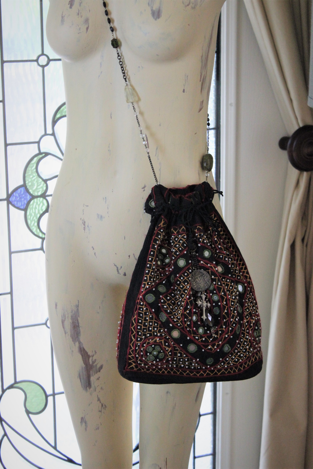 Vintage Banjara Gypsy Drawstring Bag with Goddess Medal, Antique & Vintage Chain Strap with Faceted Gemstones, Inset Mirrors, Embroidery and More!