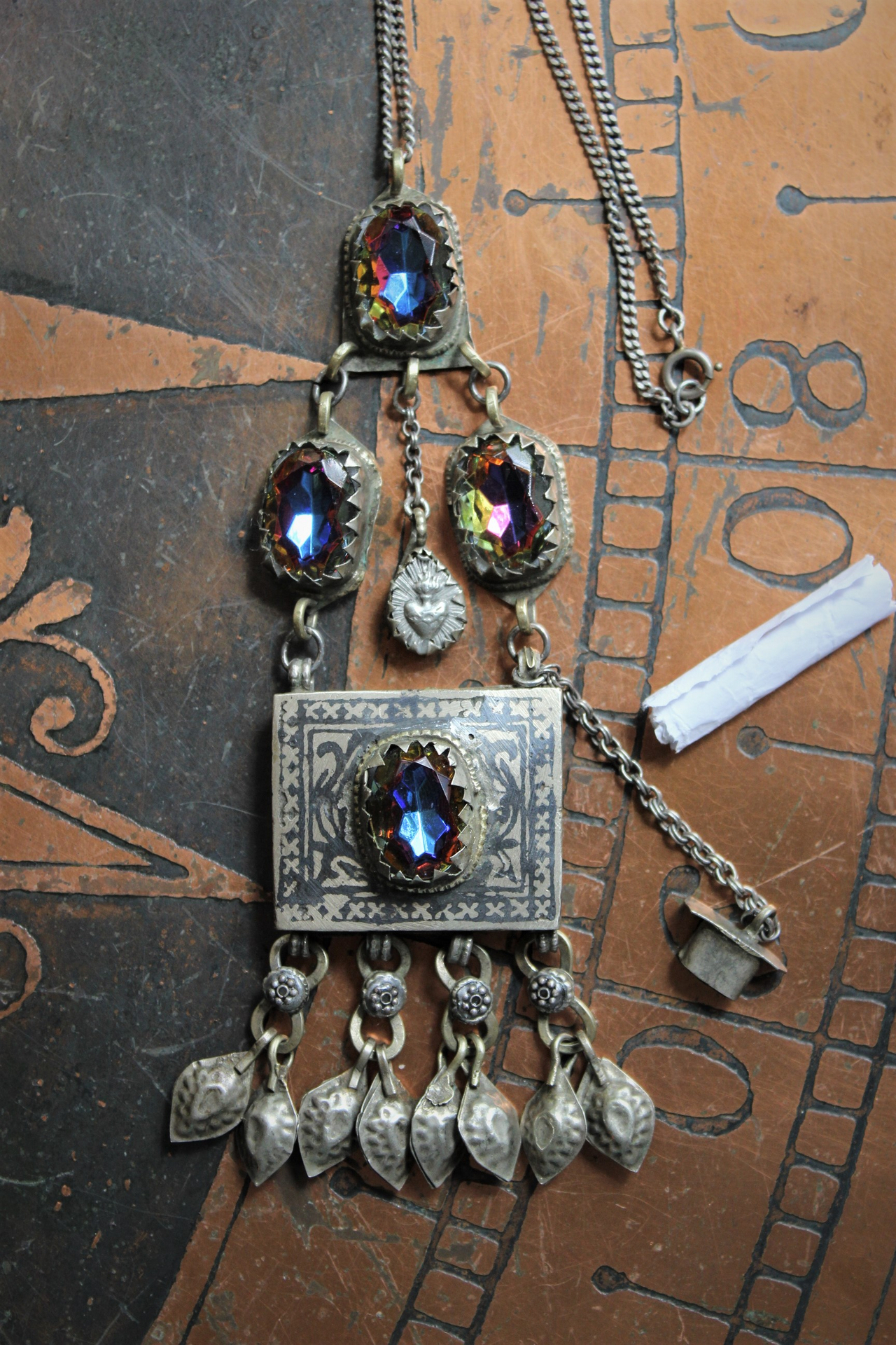 Prayer Changes Us Necklace with Unique Kuchi Gypsy Prayer Box, Faceted Mystic Rhinestones, Flaming Sacred Heart,Vintage Chain & Paper Scroll