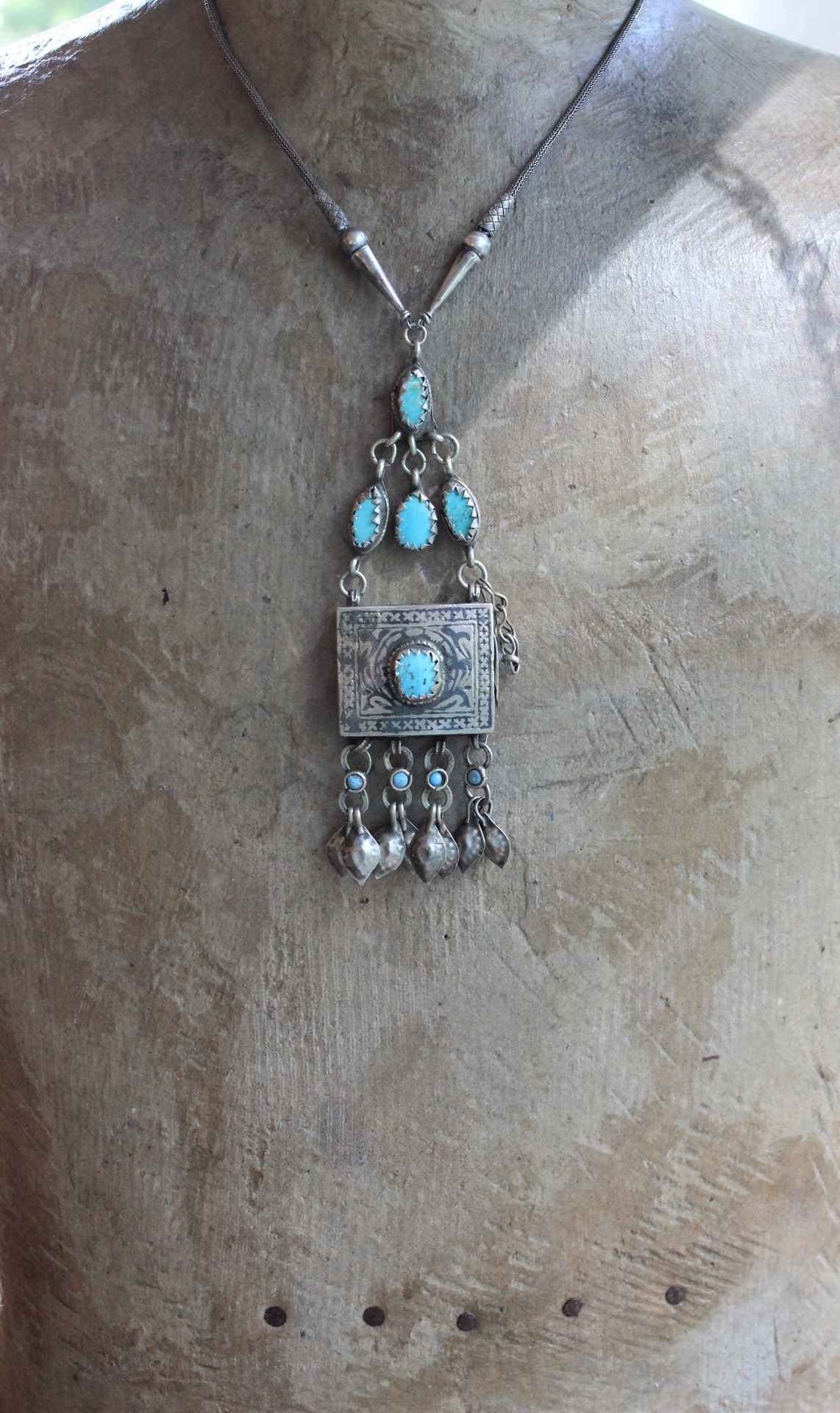 Let the Heart Sing Necklace with Unique Kuchi Gypsy Prayer Box Pendant, Turquoise Cabochons, Antique Sterling Foxtail Chain