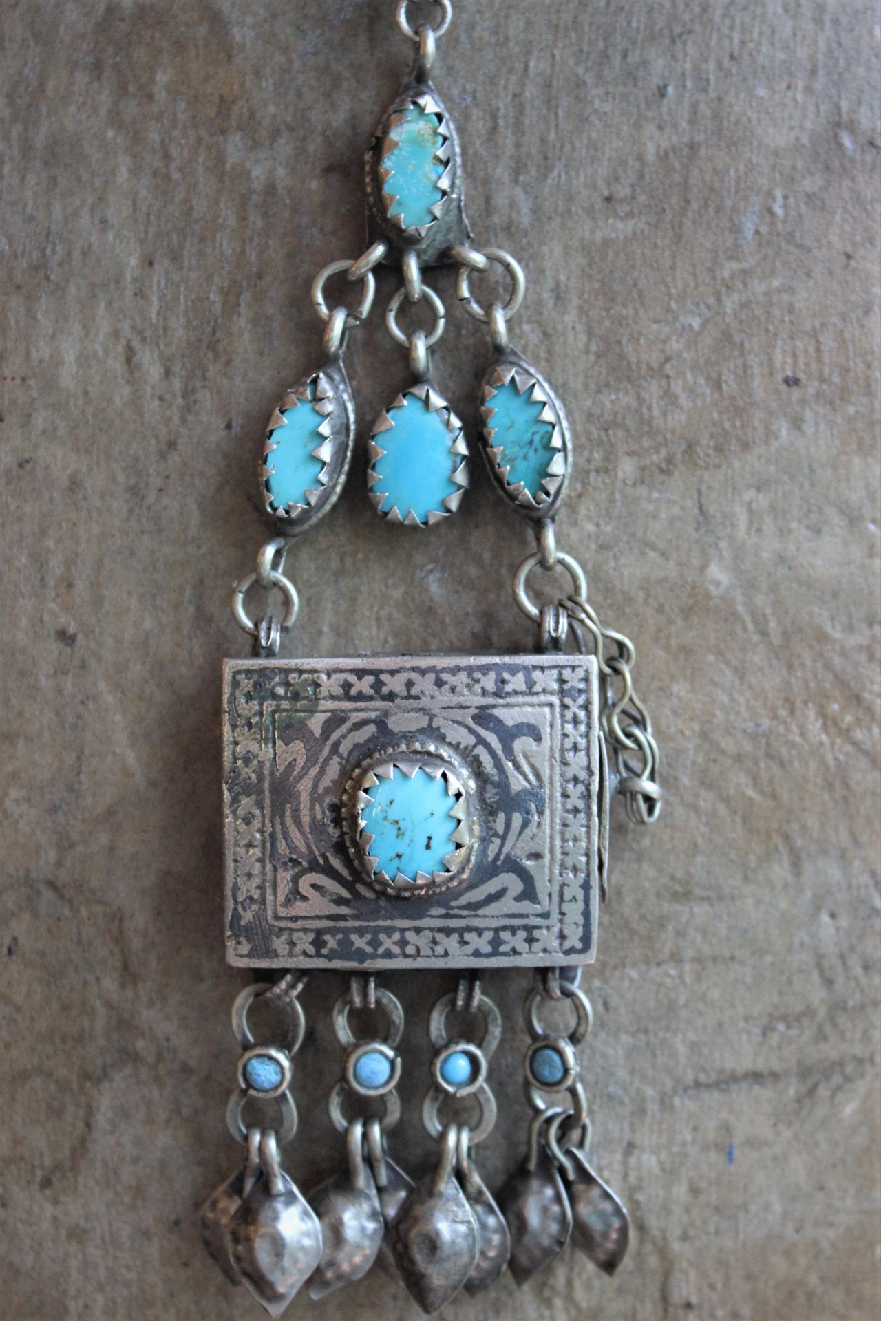 Let the Heart Sing Necklace with Unique Kuchi Gypsy Prayer Box Pendant, Turquoise Cabochons, Antique Sterling Foxtail Chain