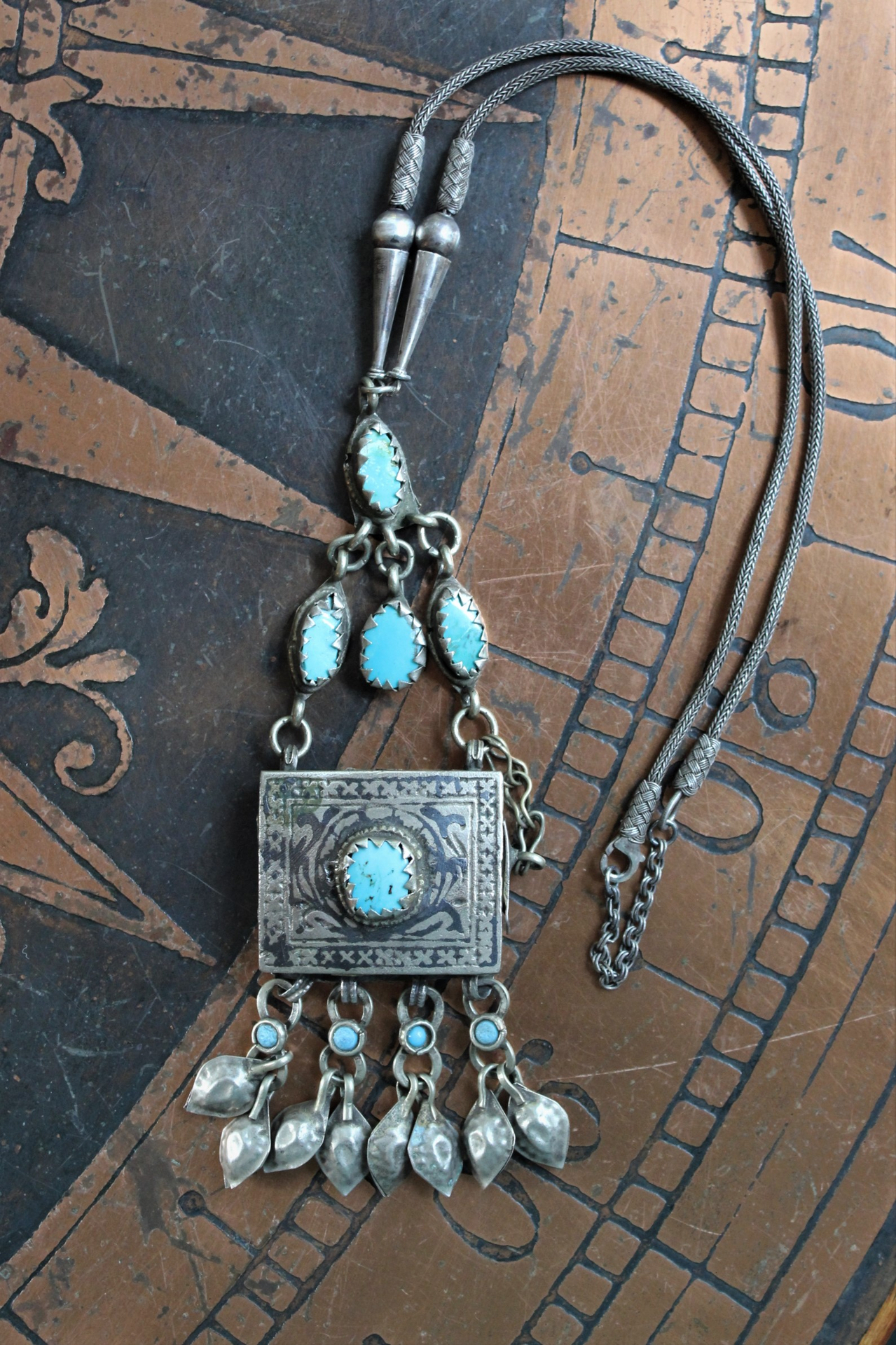 Let the Heart Sing Necklace with Unique Kuchi Gypsy Prayer Box Pendant, Turquoise Cabochons, Antique Sterling Foxtail Chain
