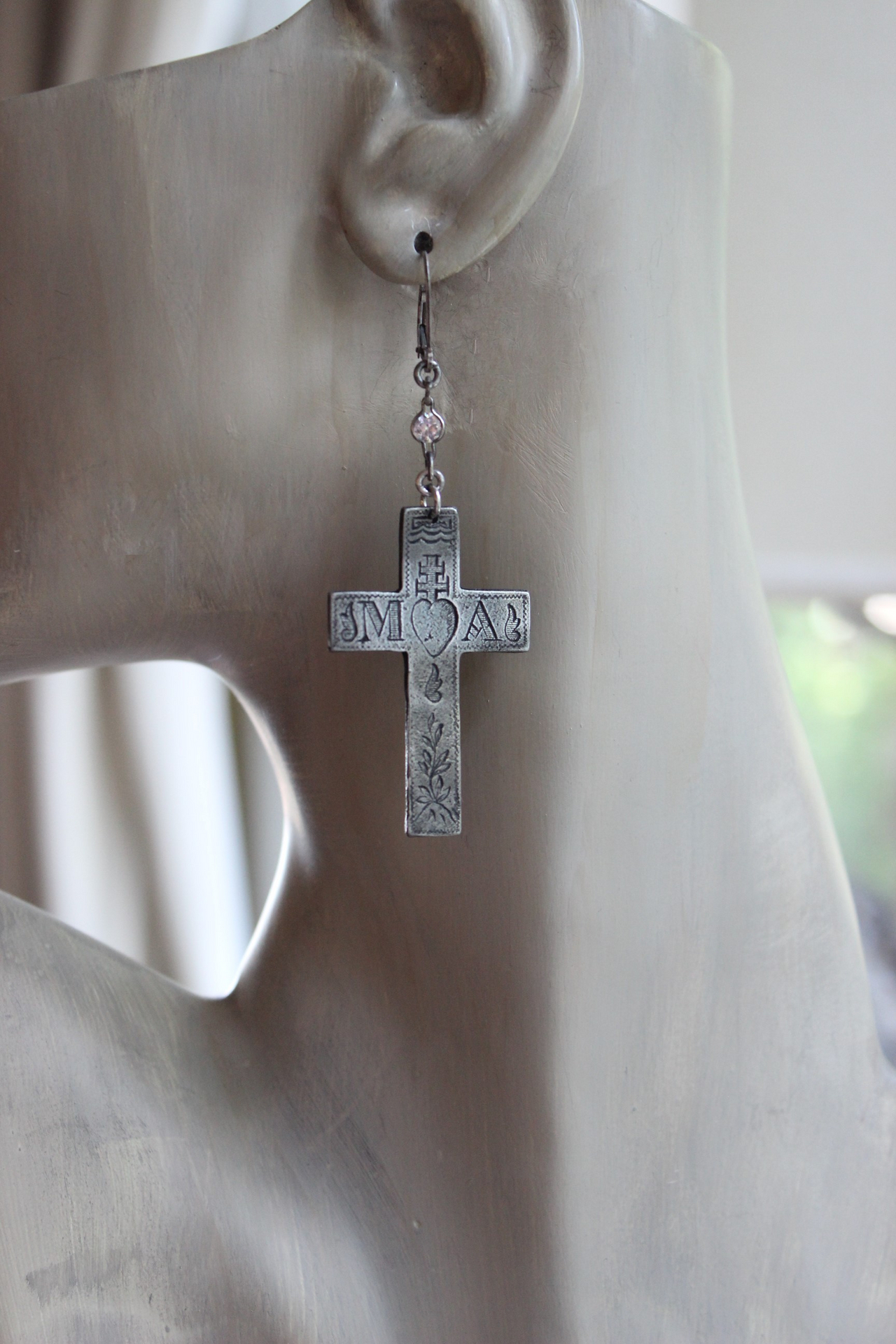 Interchangeable Earring Set with Engraved Mater Amabilis (MA) and Ave Maria (AM) Scroll Medals, Bezel Set Faceted Crystal Connectors, Sterling Earring Wires
