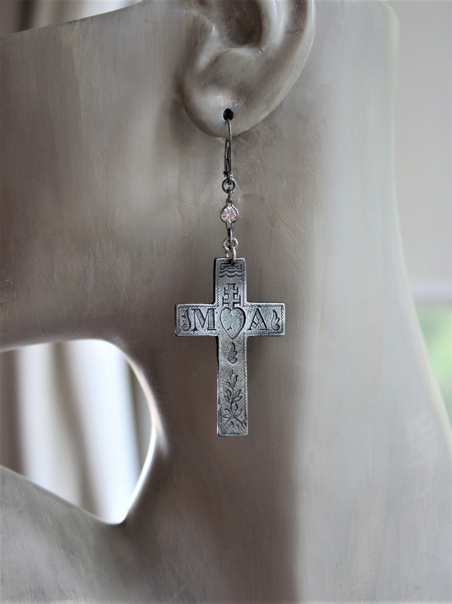 Interchangeable Earring Set with Engraved Mater Amabilis (MA) and Ave Maria (AM) Scroll Medals, Bezel Set Faceted Crystal Connectors, Sterling Earring Wires