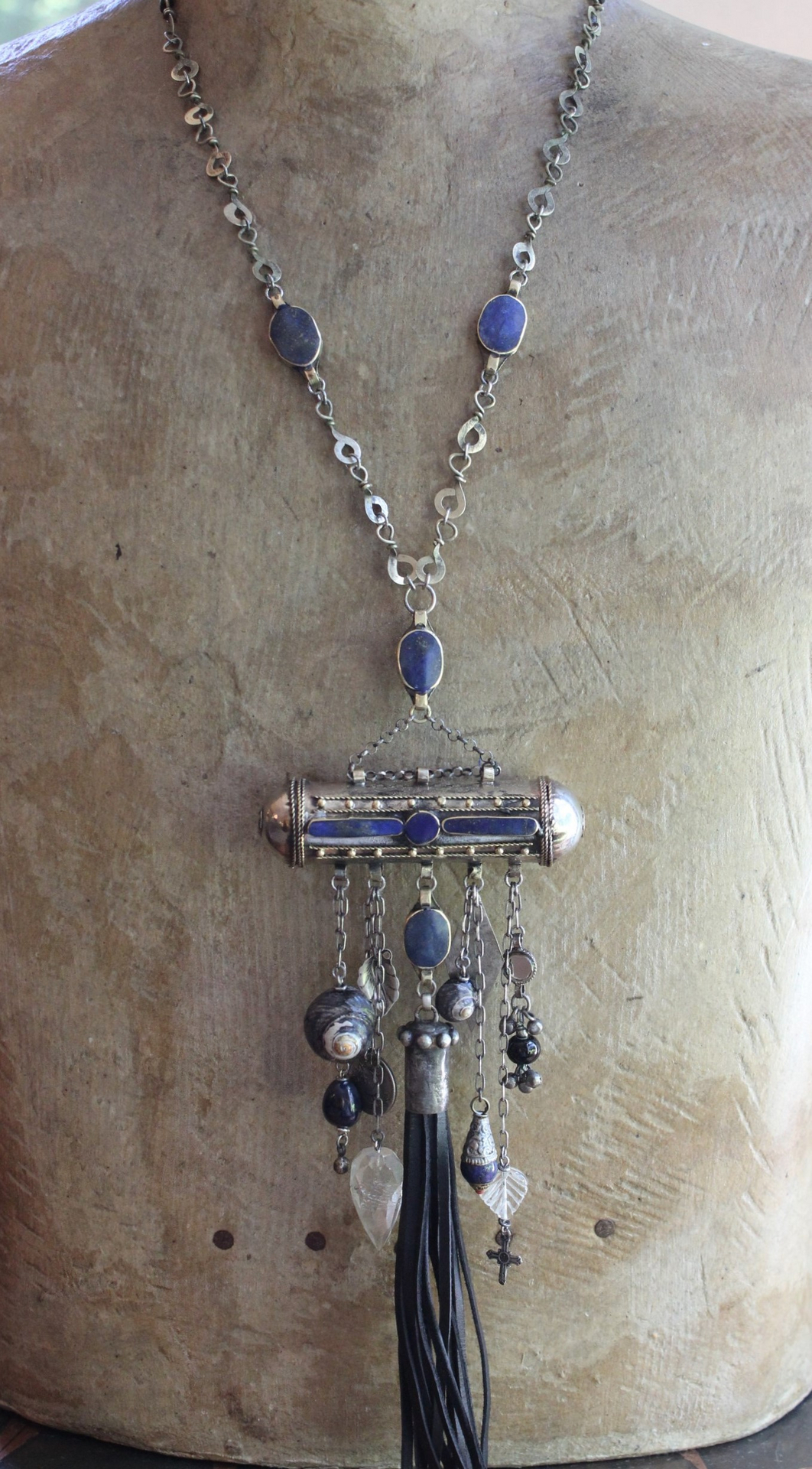 The Teaching of my Soul Necklace with Silver & Lapis Lazuli Blessing Scroll Pendant, Multiple Drops & Dangles, Unique Leather Tassel & Ties