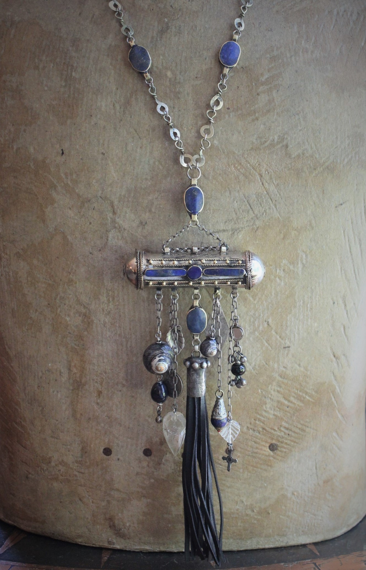 The Teaching of my Soul Necklace with Silver & Lapis Lazuli Blessing Scroll Pendant, Multiple Drops & Dangles, Unique Leather Tassel & Ties