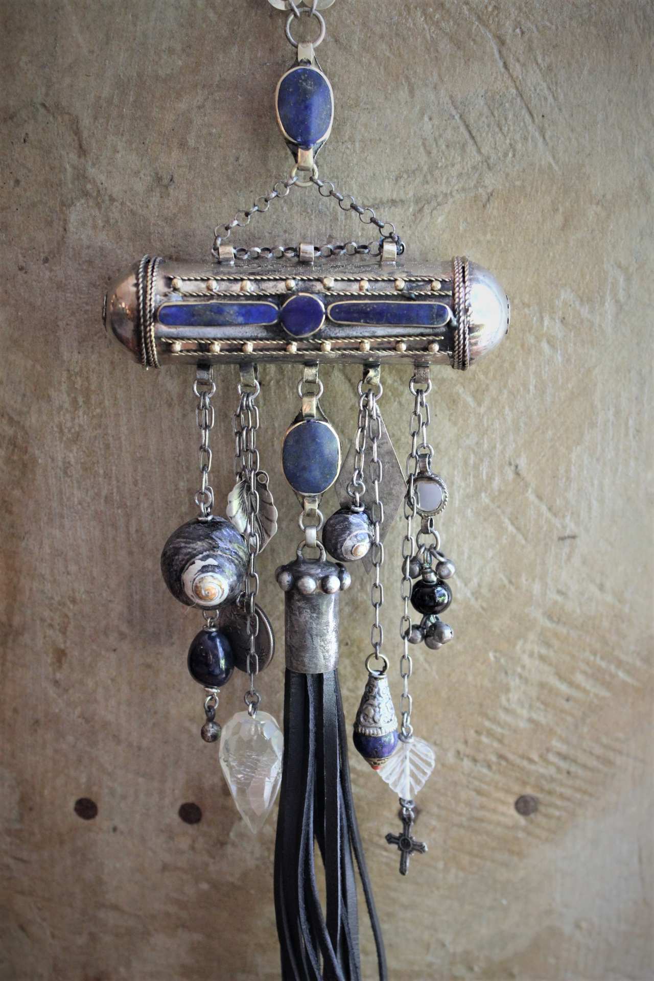 The Teaching of my Soul Necklace with Silver & Lapis Lazuli Blessing Scroll Pendant, Multiple Drops & Dangles, Unique Leather Tassel & Ties