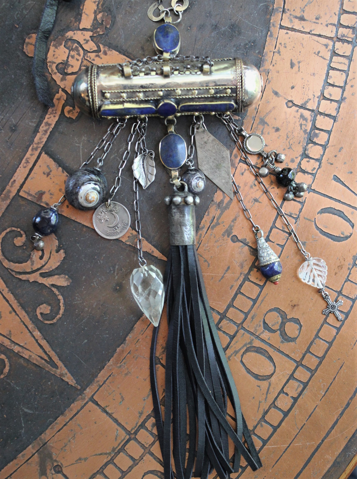 The Teaching of my Soul Necklace with Silver & Lapis Lazuli Blessing Scroll Pendant, Multiple Drops & Dangles, Unique Leather Tassel & Ties