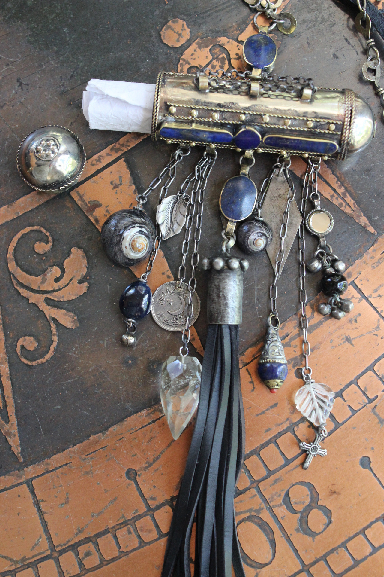 The Teaching of my Soul Necklace with Silver & Lapis Lazuli Blessing Scroll Pendant, Multiple Drops & Dangles, Unique Leather Tassel & Ties