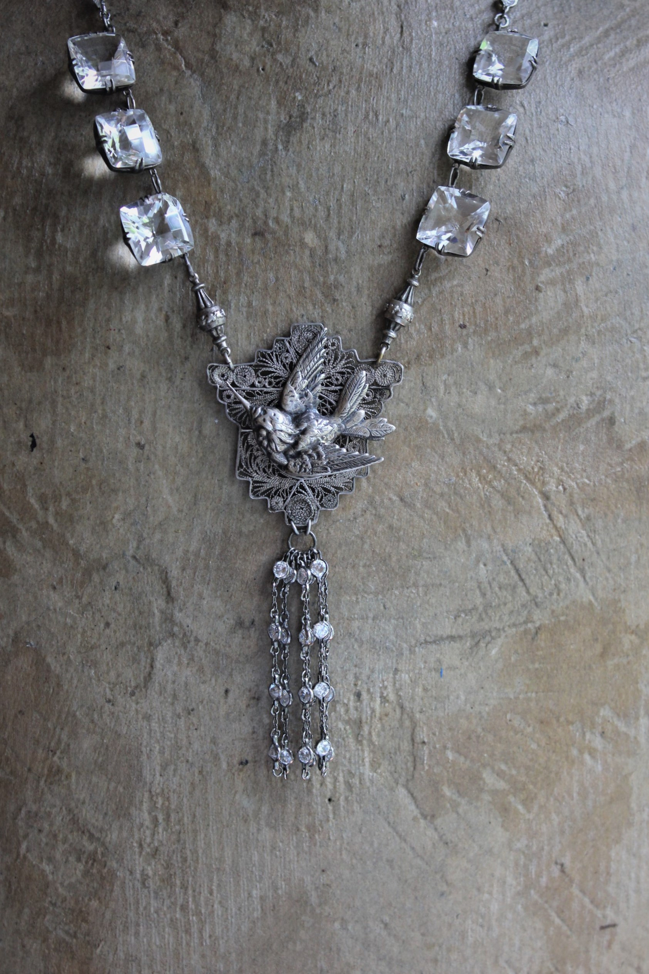 Antique Sterling Figural Swallow Bird Pendant with Antique Sterling Set Rock Crystals,Sterling Rock Crystal Chain & Tassel