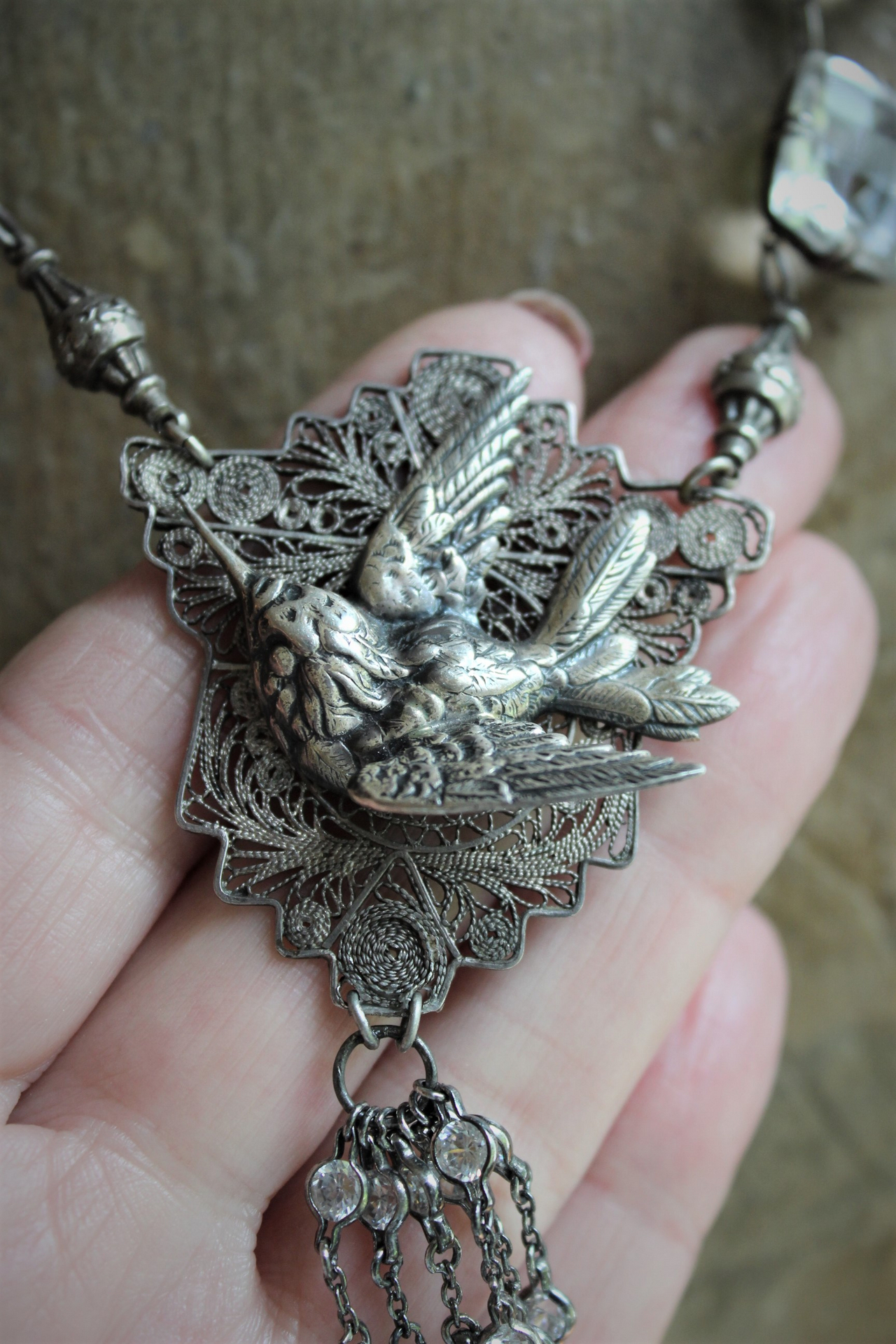 Antique Sterling Figural Swallow Bird Pendant with Antique Sterling Set Rock Crystals,Sterling Rock Crystal Chain & Tassel