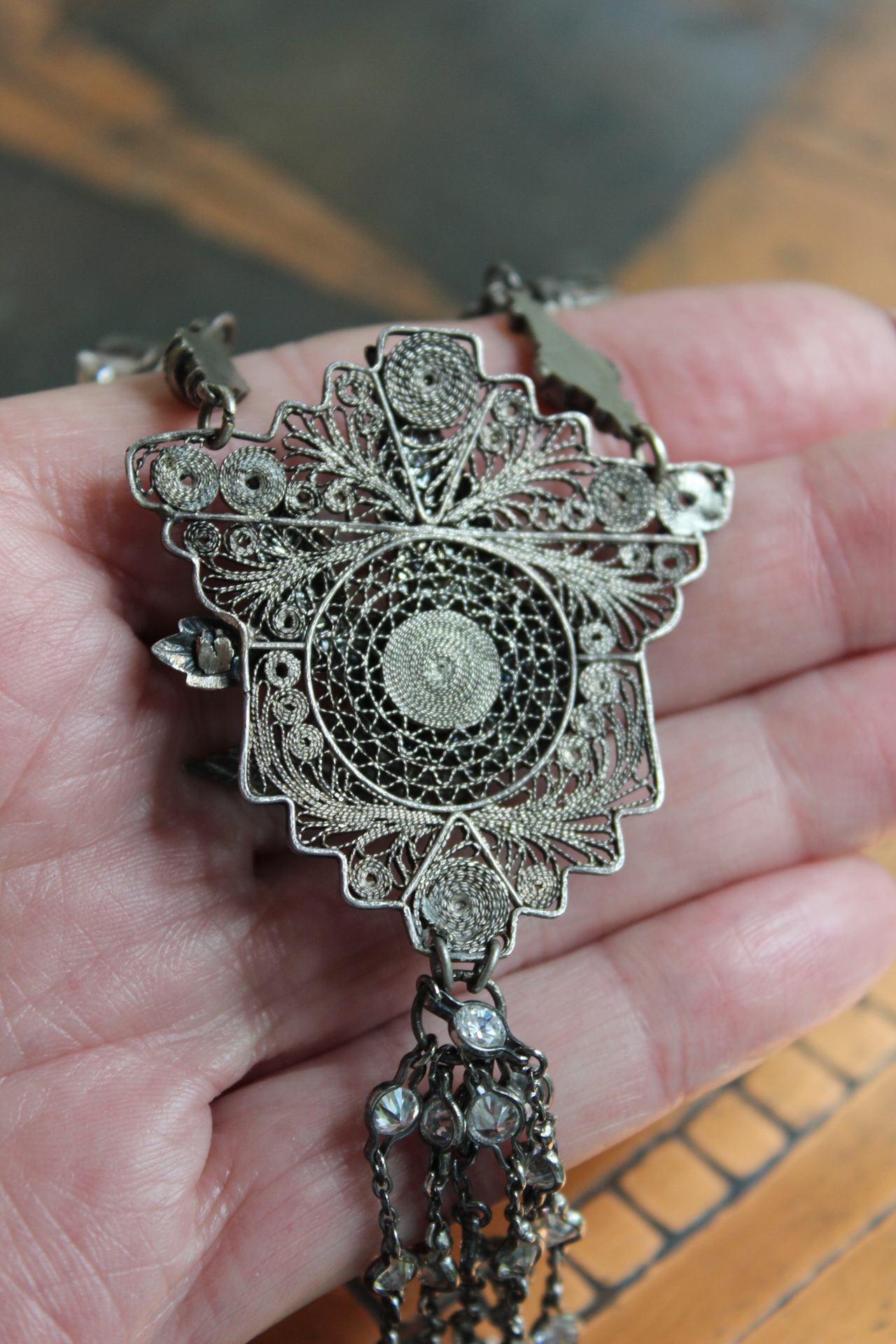 Antique Sterling Figural Swallow Bird Pendant with Antique Sterling Set Rock Crystals,Sterling Rock Crystal Chain & Tassel