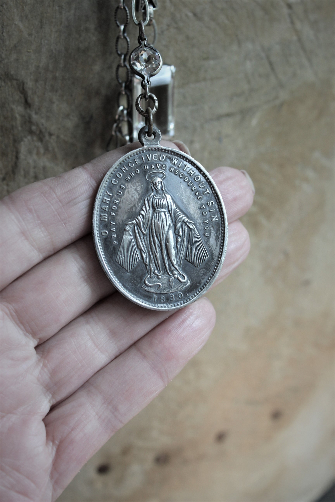 Sacred Medal & Cross Necklace w/RARE Large Antique Marian Medal,Antique French Figural Cross and Rare Large Antique Nippon Faceted Rock Crystal