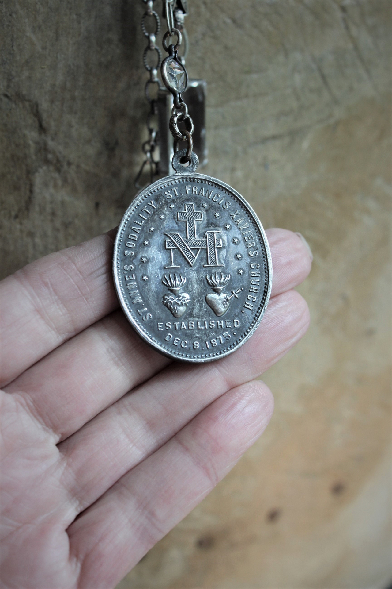 Sacred Medal & Cross Necklace w/RARE Large Antique Marian Medal,Antique French Figural Cross and Rare Large Antique Nippon Faceted Rock Crystal