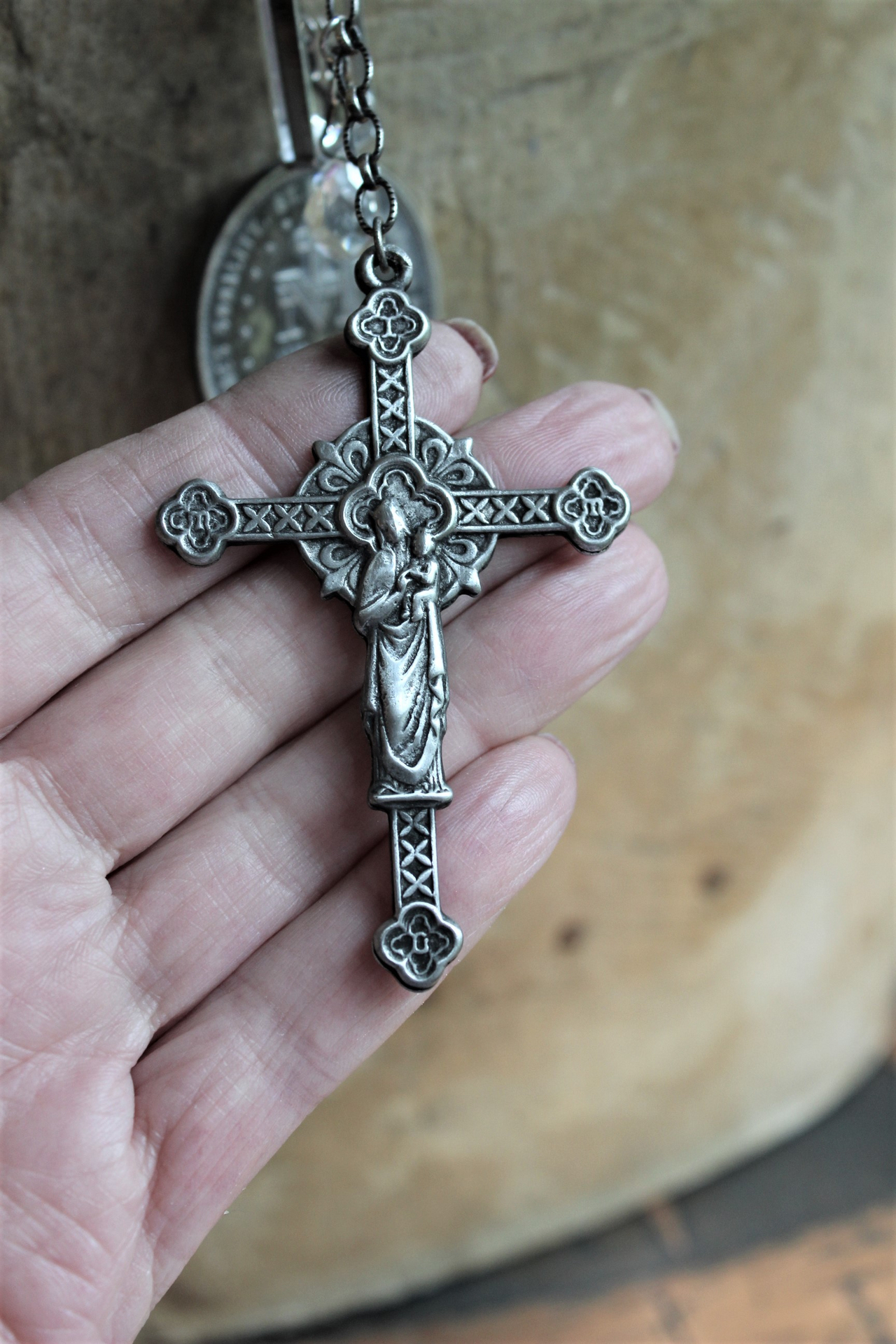 Sacred Medal & Cross Necklace w/RARE Large Antique Marian Medal,Antique French Figural Cross and Rare Large Antique Nippon Faceted Rock Crystal