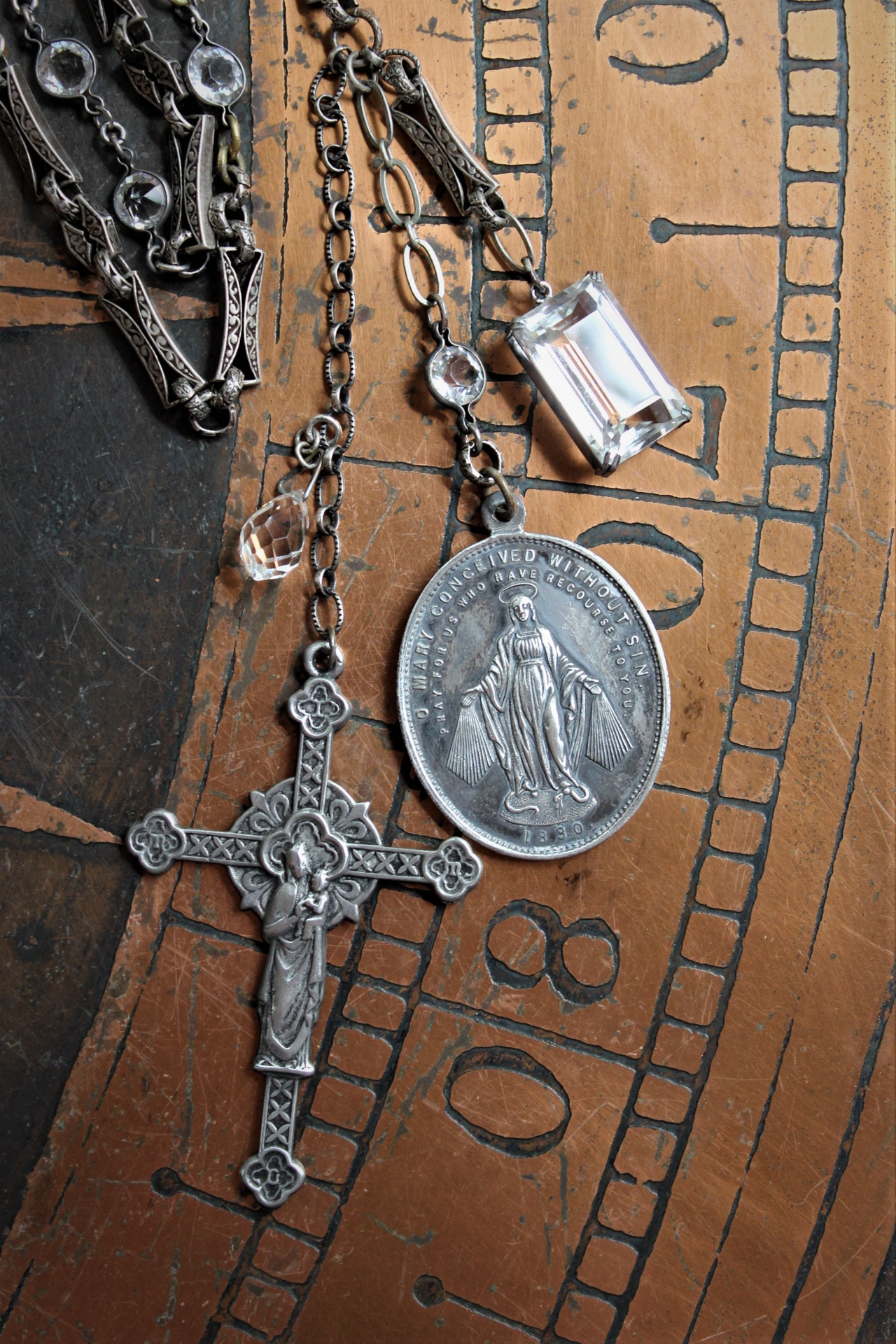 Sacred Medal & Cross Necklace w/RARE Large Antique Marian Medal,Antique French Figural Cross and Rare Large Antique Nippon Faceted Rock Crystal