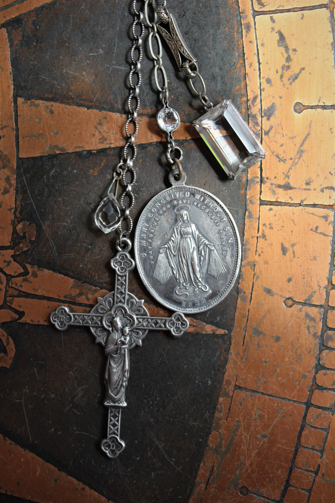 Sacred Medal & Cross Necklace w/RARE Large Antique Marian Medal,Antique French Figural Cross and Rare Large Antique Nippon Faceted Rock Crystal