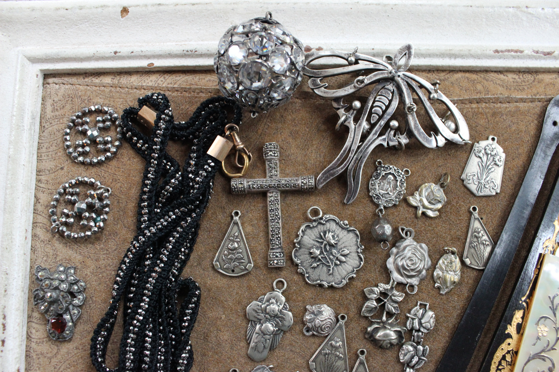 Jewelry Project Compilation with Antique Cut Steel Findings, Religious Rose Medals, Rare Antique Mother of Pearl Fan Findings & More!