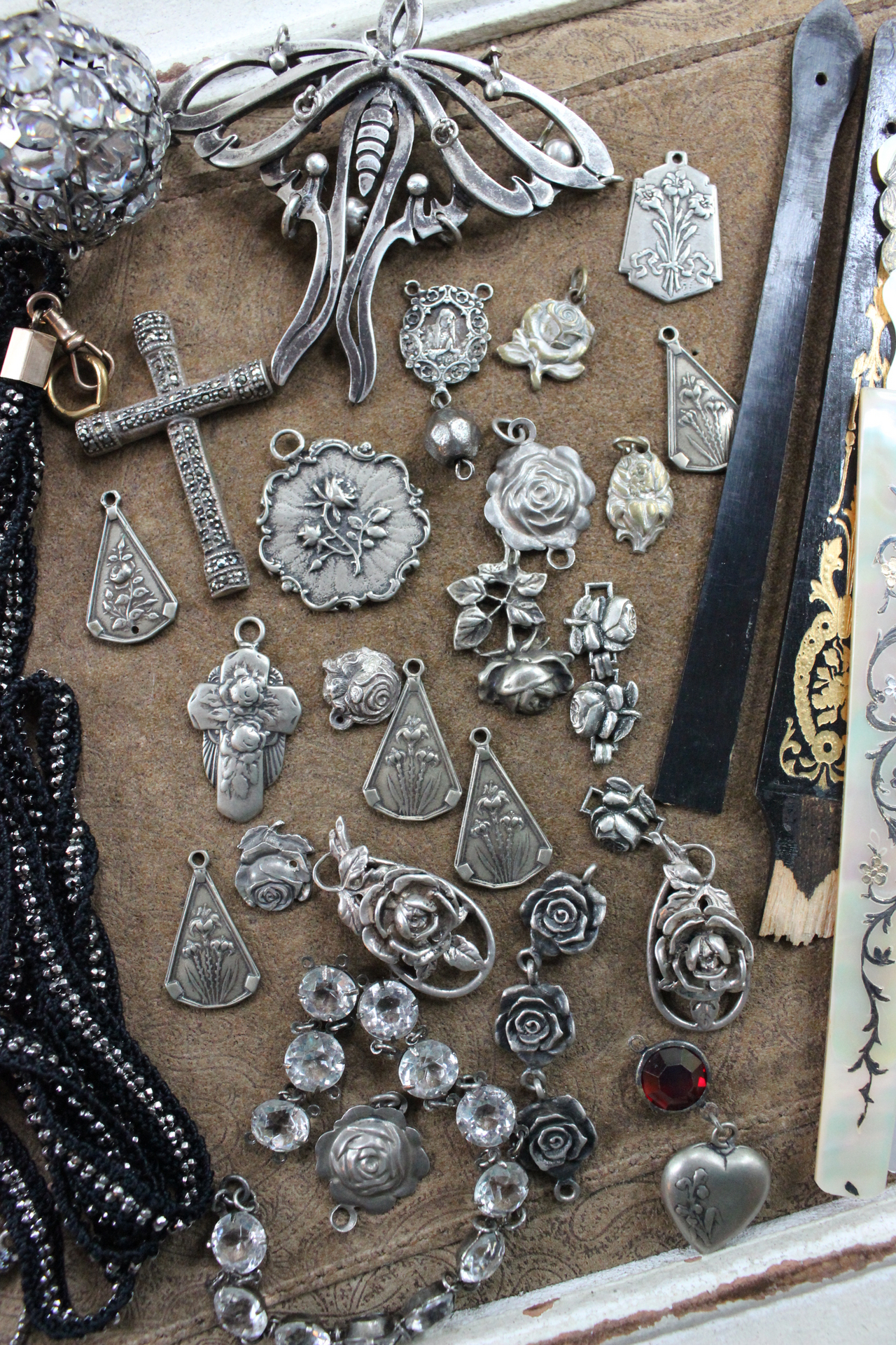 Jewelry Project Compilation with Antique Cut Steel Findings, Religious Rose Medals, Rare Antique Mother of Pearl Fan Findings & More!