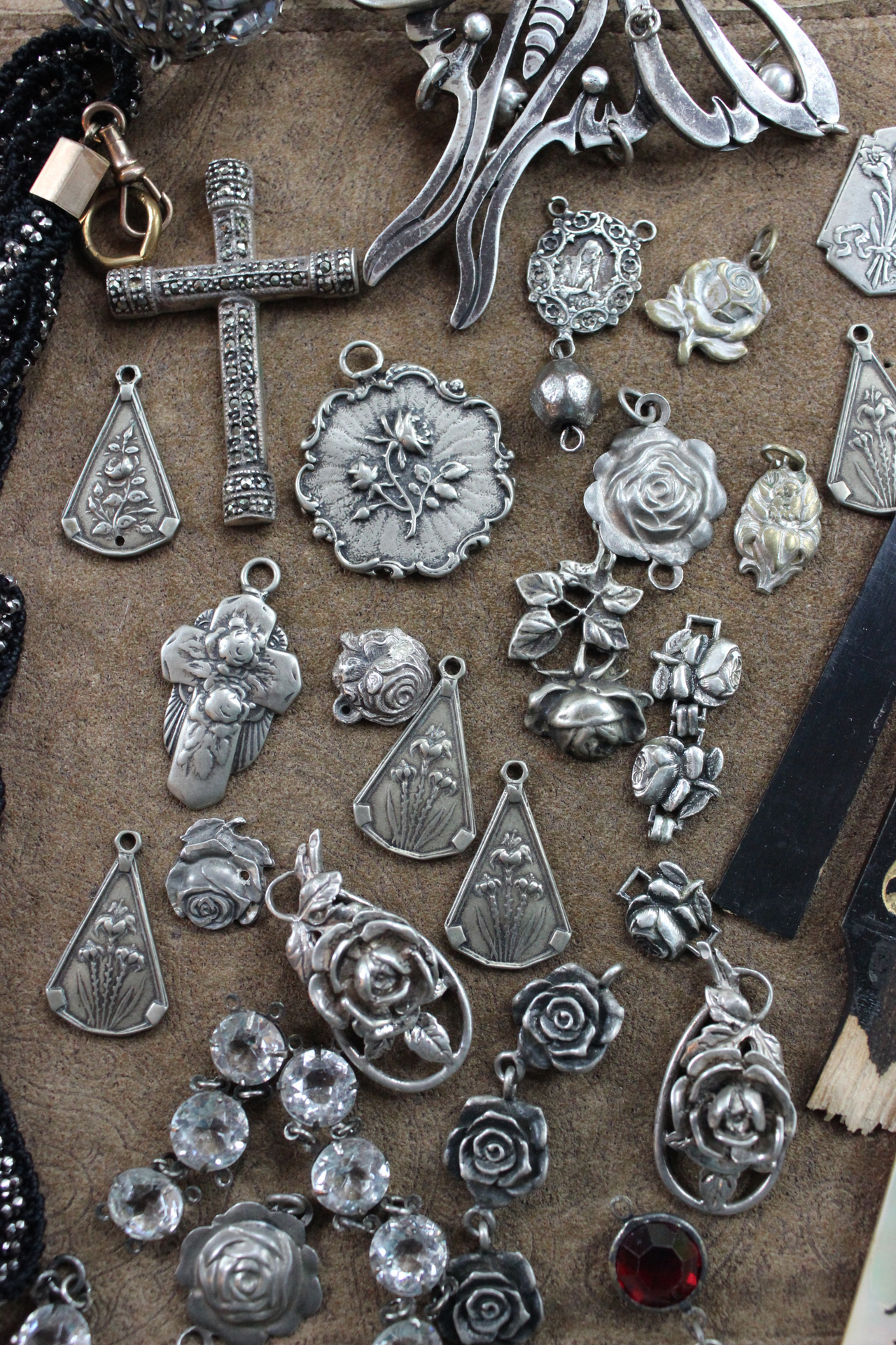 Jewelry Project Compilation with Antique Cut Steel Findings, Religious Rose Medals, Rare Antique Mother of Pearl Fan Findings & More!