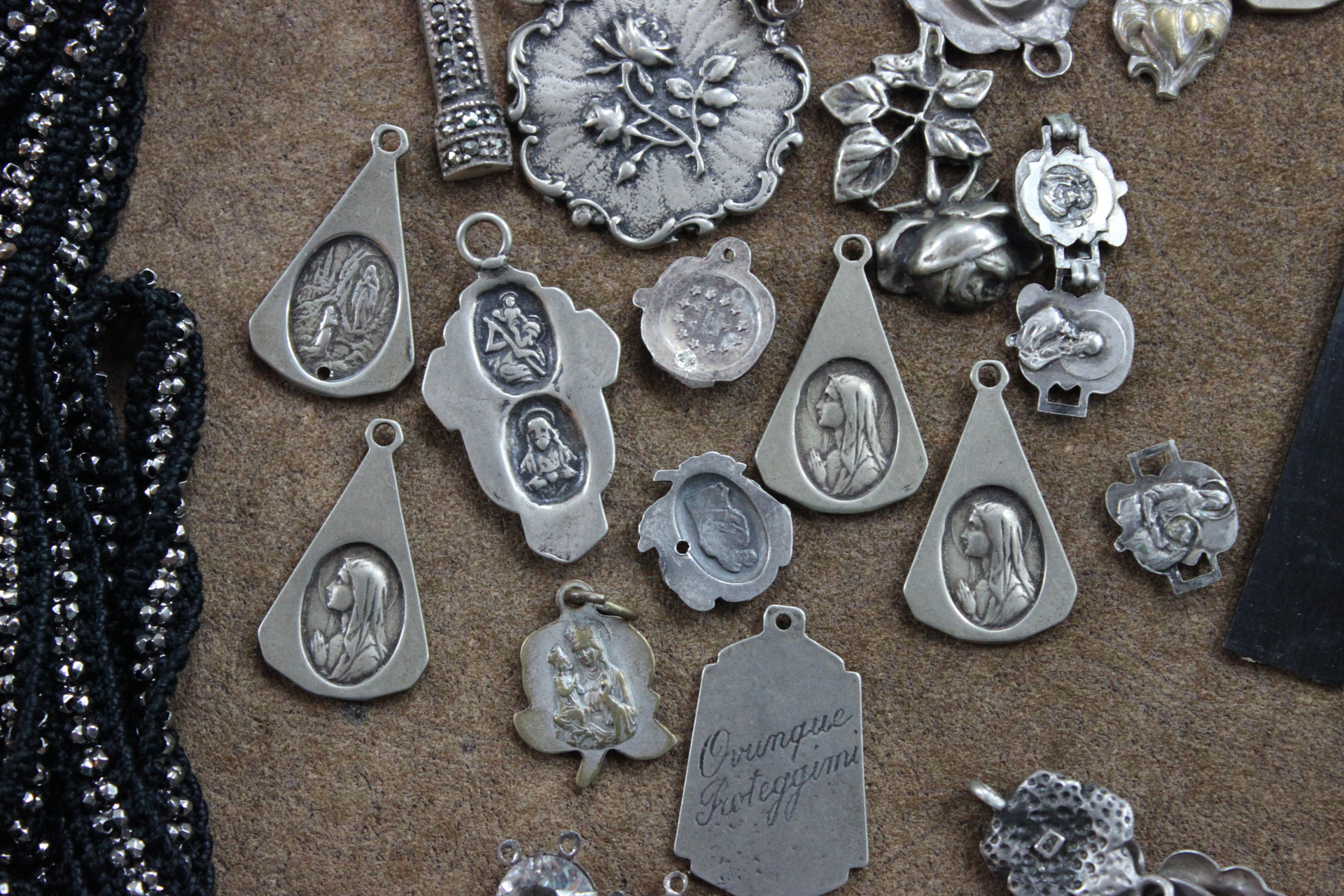 Jewelry Project Compilation with Antique Cut Steel Findings, Religious Rose Medals, Rare Antique Mother of Pearl Fan Findings & More!