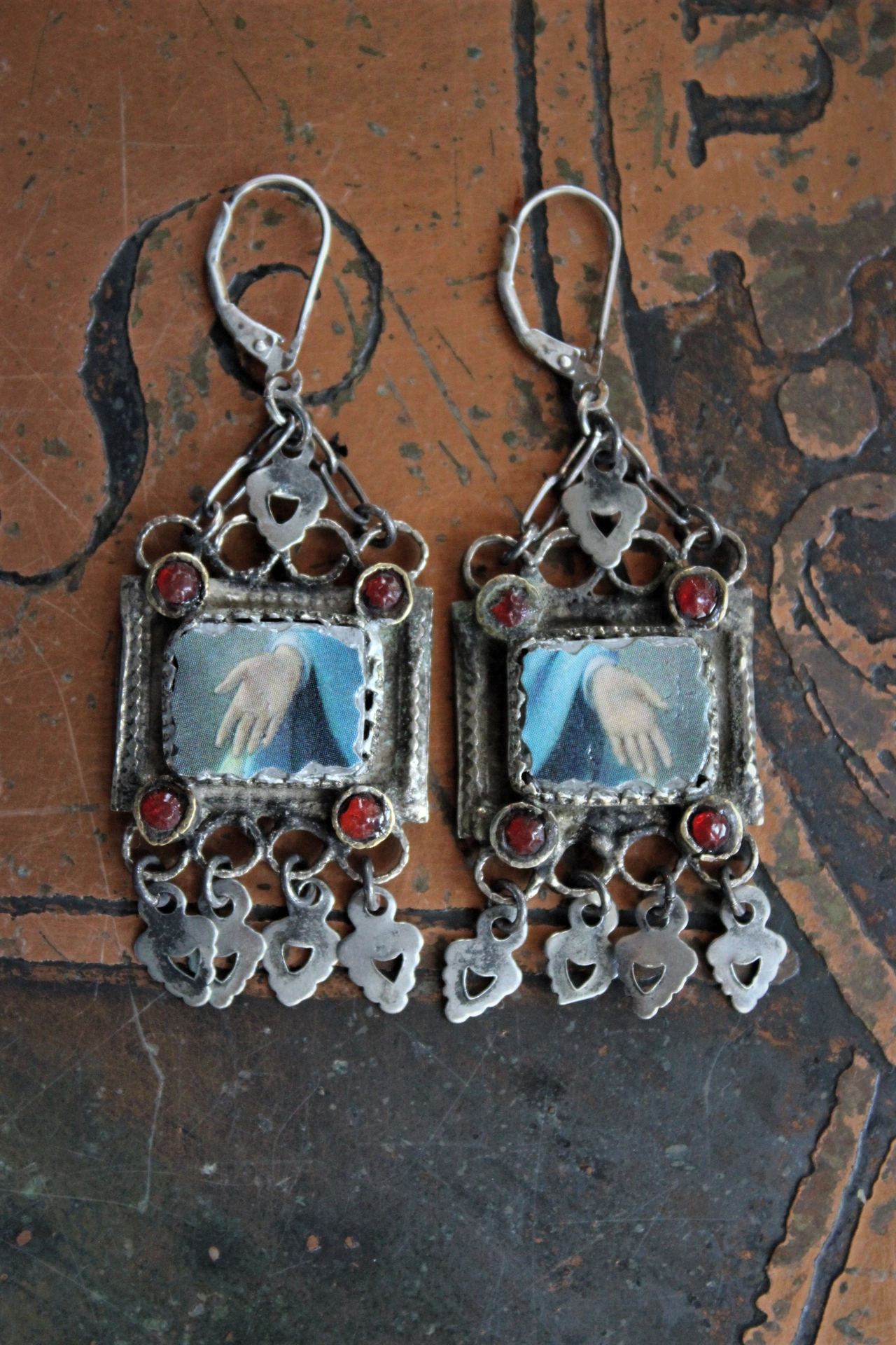 Mary's Hands Earrings with Antique Findings,Antique Holy Card images and Sterling Leverback Earring Wires