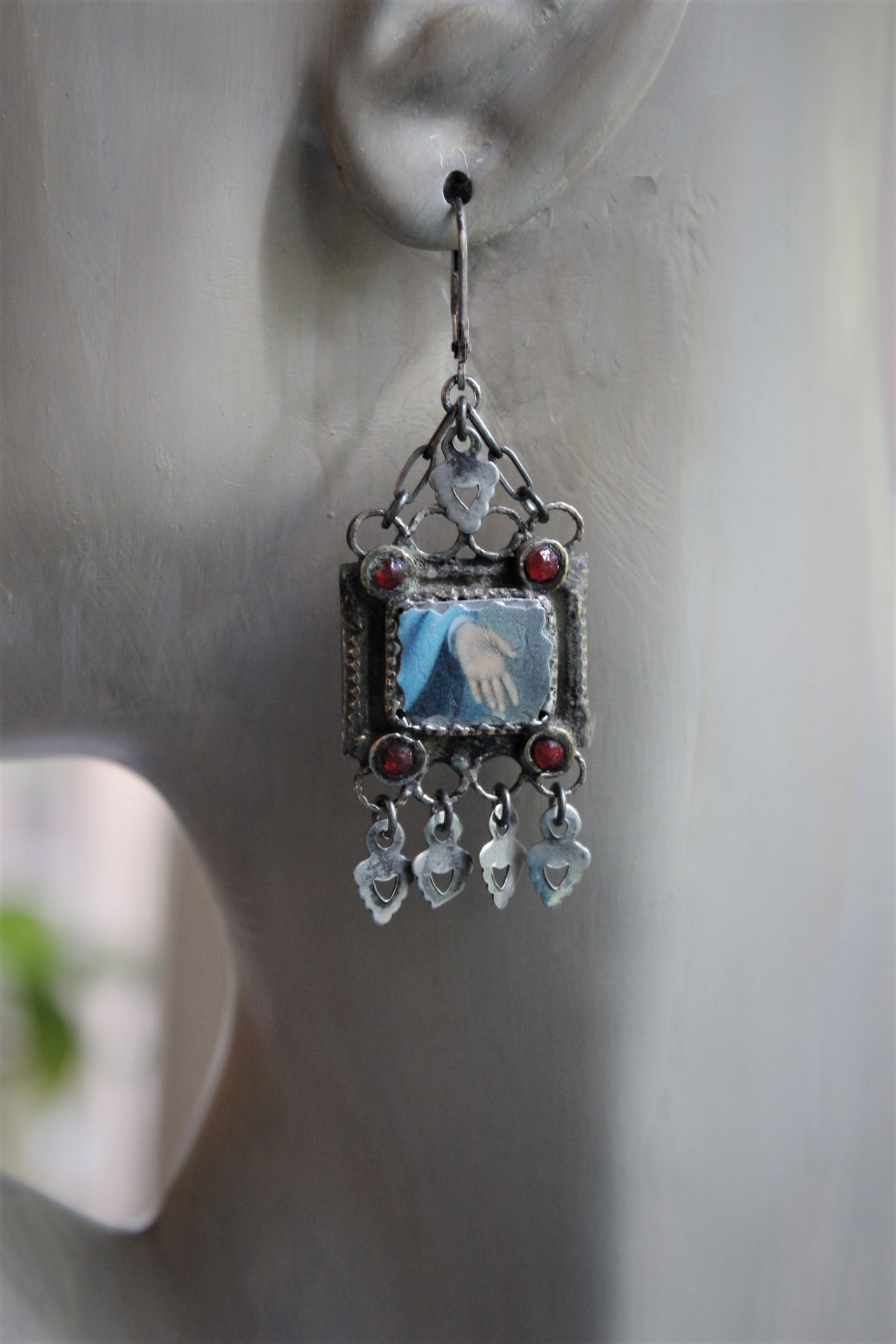 Mary's Hands Earrings with Antique Findings,Antique Holy Card images and Sterling Leverback Earring Wires