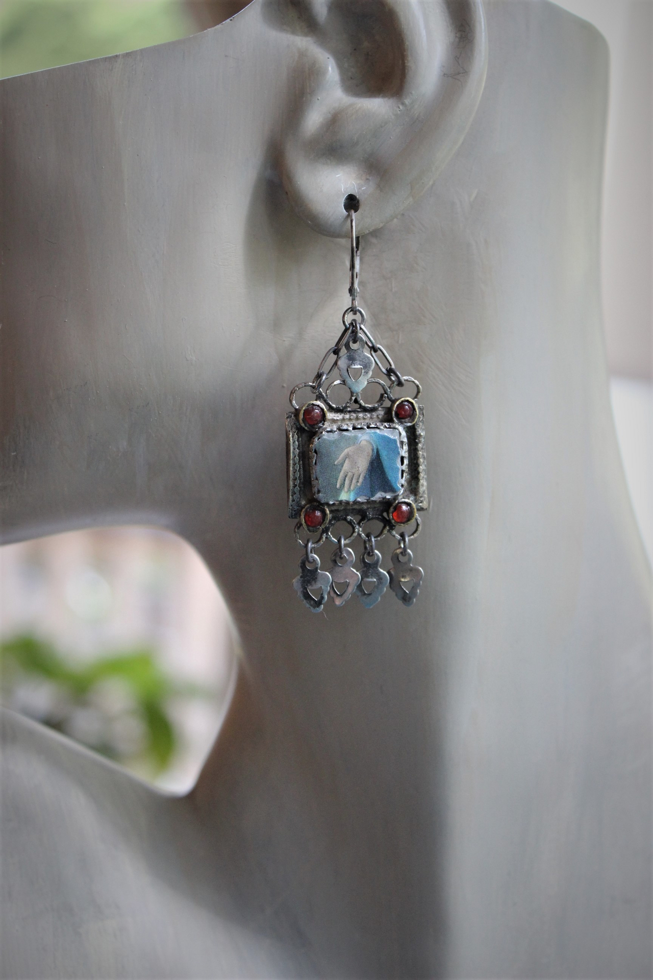 Mary's Hands Earrings with Antique Findings,Antique Holy Card images and Sterling Leverback Earring Wires