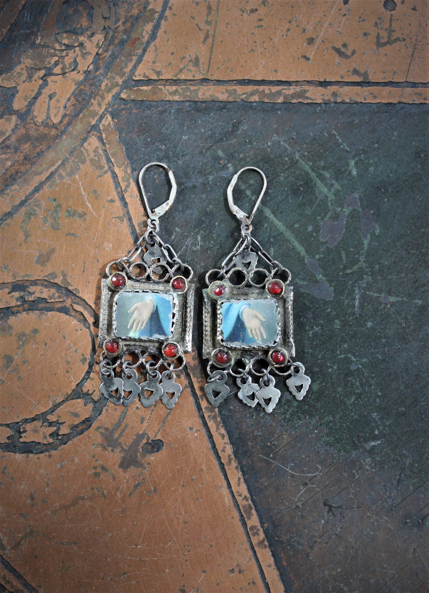 Mary's Hands Earrings with Antique Findings,Antique Holy Card images and Sterling Leverback Earring Wires