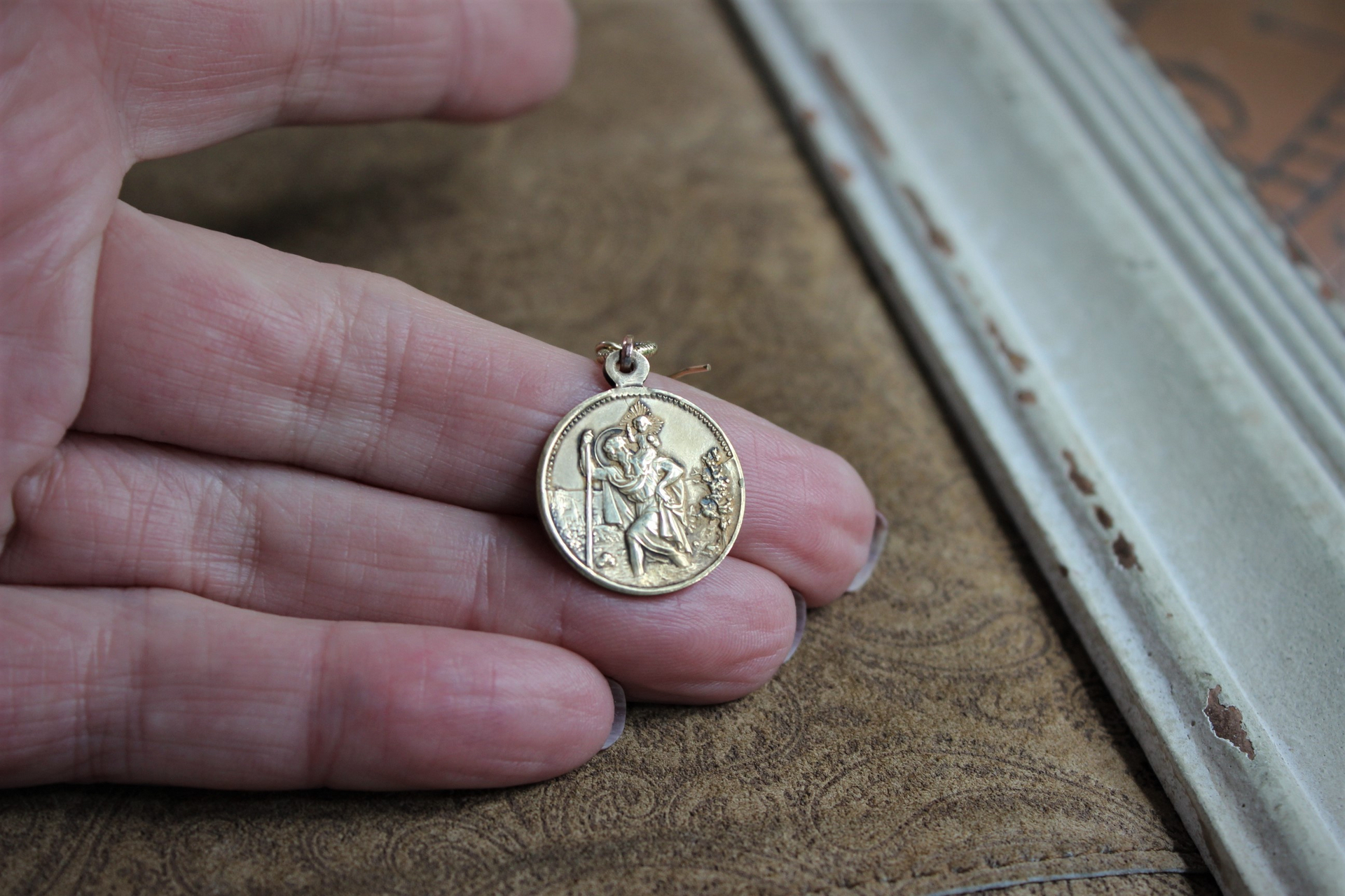 2 Pair Earring Set with Rare Matching Antique Gold Saint Christopher Medals and Threader Look Sterling Vermeil Earrings with Antique Stanhope Crosses