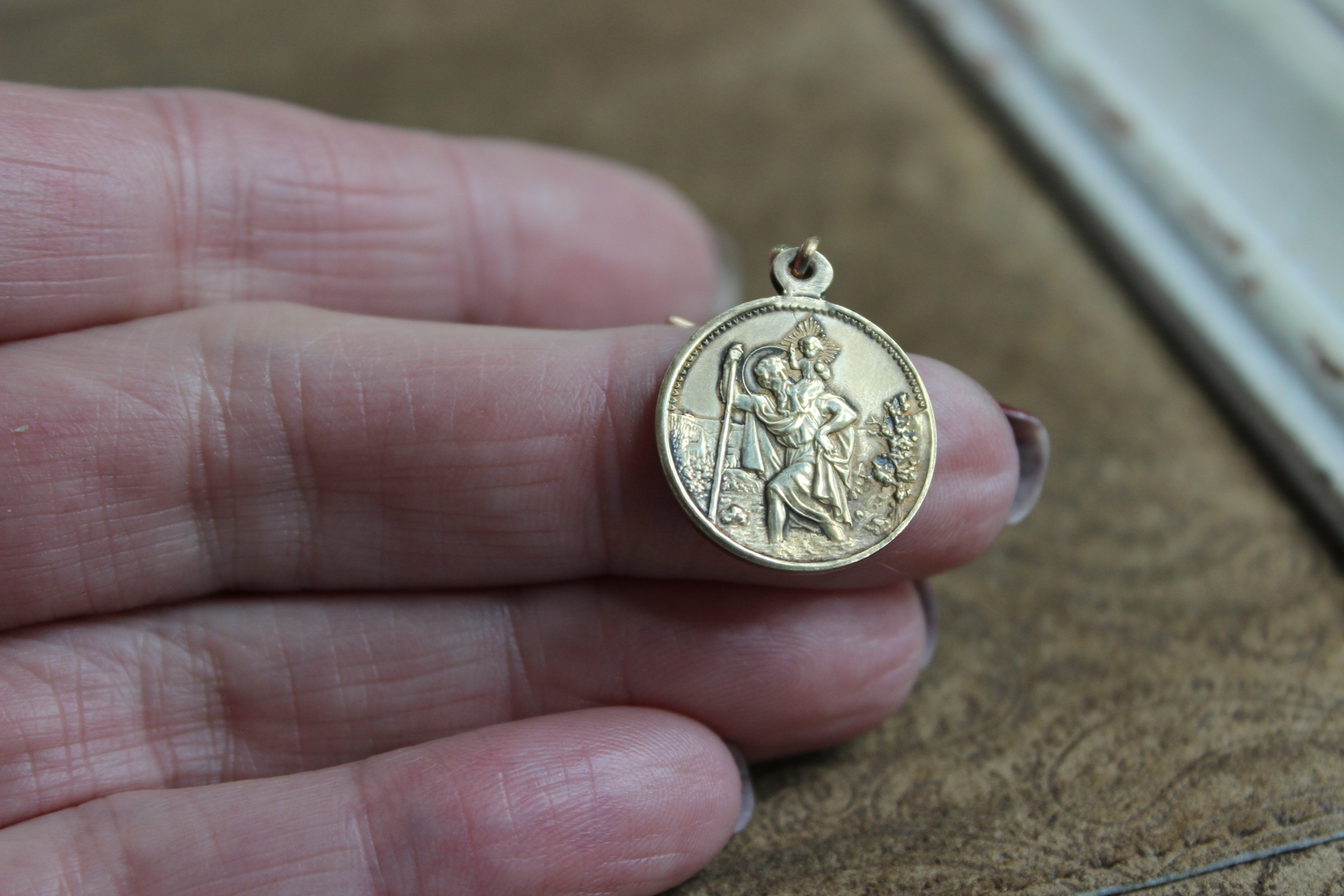 2 Pair Earring Set with Rare Matching Antique Gold Saint Christopher Medals and Threader Look Sterling Vermeil Earrings with Antique Stanhope Crosses